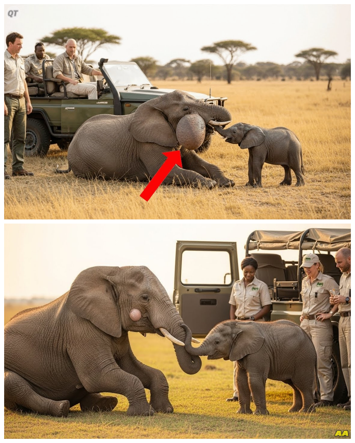 The golden sun dipped below the horizon, casting a warm glow over the savannah as a young elephant calf wandered in search of his family. 🐘  His heart raced with each step, the vast emptiness around him amplifying his fear.  “Where did everyone go?” he wondered aloud, his small voice trembling.  The world felt so big and he felt so small. 😟  But amidst the fear, a flicker of hope remained.  He recalled the stories of resilience told by the elders in his herd, tales of courage and strength.  With newfound determination, he pressed on, calling out into the night.  Little did he know, a team of dedicated wildlife rescuers had heard his cries and were racing against time to find him.  Would their paths cross in time to save him?  Click the link to read more 👇