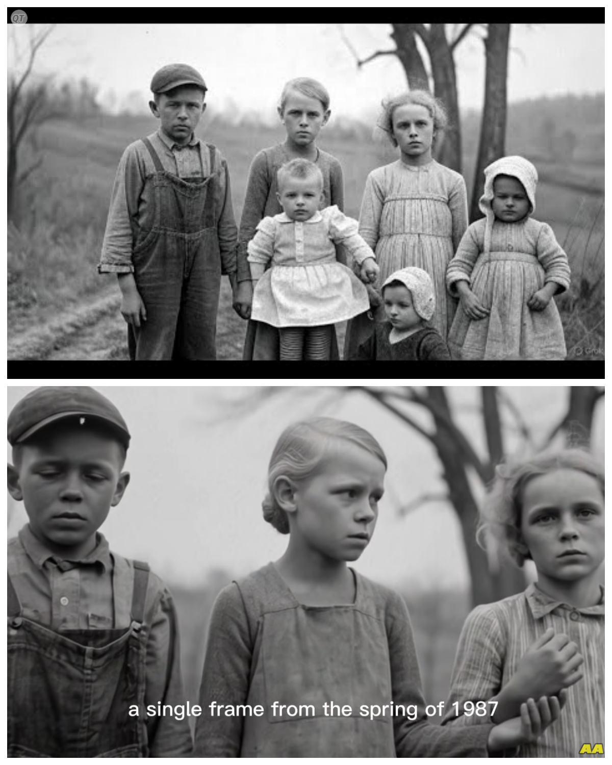 “The Grayson Children Found in 1987: The Dark Secret That Shook Brier Ridge Forever”  There’s a photograph that should never have been taken.  A single frame from the spring of 1987 that investigators still refuse to discuss publicly.  It shows three children standing at the edge of a windswept field outside Brier Ridge, West Virginia.  They’re holding hands.  Their expressions are blank.  Their clothing belongs to another era entirely.  1950s cotton prints, high-waisted trousers, handmade shoes.  At first glance, it looks like a harmless piece of forgotten Americana.  But the moment experts examined it, they realized something was horribly wrong.  The children in that photograph are Michael, Caroline, and Samuel.  Grayson’s siblings, who supposedly died in a house fire in 1962.  Their bodies were never recovered, and for 25 years, the town accepted that they had been lost in the blaze.  Yet here they were in 1987, unchanged, untouched by time, exactly the ages they were the night of the fire.  And when officials questioned them, when they calmly explained where they had been, the answers were so disturbing that federal authorities sealed the original basement site with concrete and wiped entire sections of the investigation from public record……