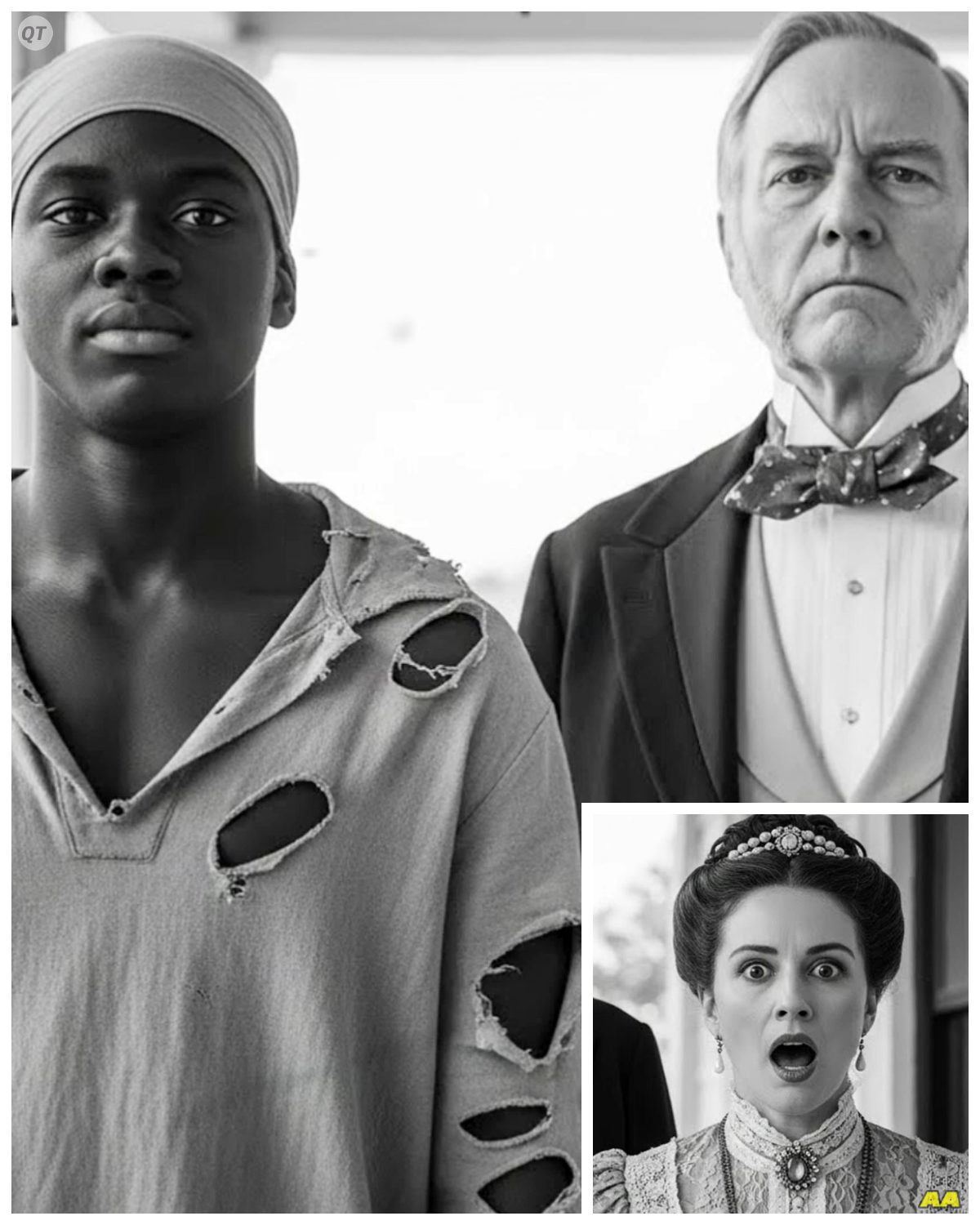 A massive slave arrives at the manor – the master’s wife is stunned, unaware he’s a trained hunter.  They brought the giant in chains at sunrise, and from the moment he stepped onto the estate, everyone felt it.  Something dangerous had arrived, something that did not belong in a cage.  The morning fog curled around the manor like a warning no one could read.  Workers froze in place as the wagon rolled through the iron gates, wheels groaning, horses trembling, chains rattling against wood.  No one had ever seen a man that size, not in this land, not in this lifetime.  And at the balcony above, she stood watching the master’s wife, Lady Evelyn, cold, sharp, wrapped in silk and secrets.  But even she couldn’t hide her shock.  The giant stepped down slowly, every movement heavy, controlled, like he was restraining strength that could crush bones without effort.  His wrists were bound with three layers of iron forged for wild beasts, not men.  The guards kept their distance.  They didn’t dare touch him unless they had to.  His eyes lifted.  dark, quiet, old, older than any story these lands whispered about.  Evelyn felt something strange carved through her chest.  Not fear, something worse, recognition.  The captain bowed toward her.  “My lady, your husband ordered this one for the quaries, stronger than 10 men, tamed enough to obey,” he chuckled under his breath.  Or so they claim.  But the giant didn’t look tamed.  He looked like a storm waiting for the right wind.  Evelyn stepped closer, her eyes searching his face.  “What land do you come from?” she asked softly.  “No answer, just a steady, unreadable stare that felt like it pierced straight through her.  ” The guards tugged his chains.  “Move, beast!” He did slowly, deliberately, his bare feet carving deep shapes in the dirt.  Every step proved he wasn’t built for labor.  He wasn’t built for servitude.  He was built for something else, something darker.  Whispers spread like wildfire through the workers.  He’s not human.  He’s a monster………