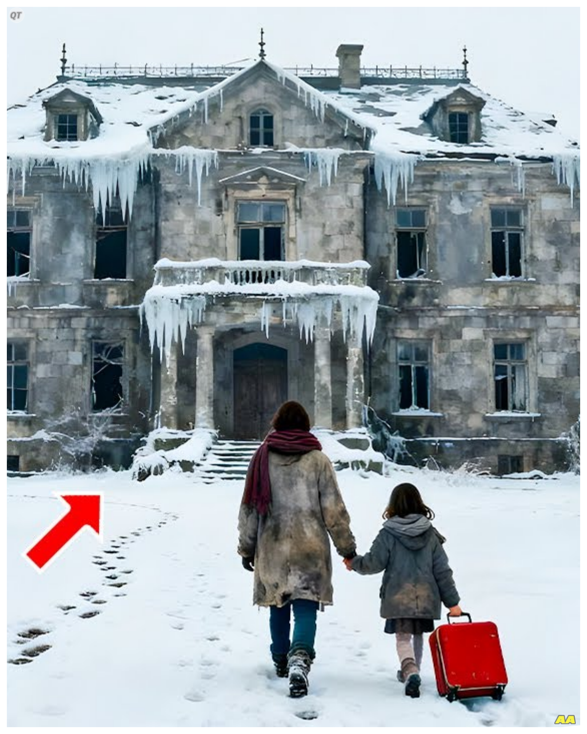 Disowned by Everyone — Homeless Mother Restored a Frozen Mansion into Warmth and Light  The snow came sideways that morning, like the sky had decided to start over.  The roads were white ribbons curling through the woods, and the old car coughed its last breath three miles past the town sign that nobody maintained anymore.  Mara sat behind the wheel for a long moment, listening to the silence swallowing the engine.  Her daughter, Eve, was asleep in the back seat.  Her small body bundled in thrift store layers, the air fogging lightly around her mouth.  Mara watched it rise and vanish.  Proof of life, fragile and rhythmic.  She’d been driving without destination, guided by memory more than map.  The only thing left to move toward was a place she had seen once as a girl.  a greystone mansion on a frozen hill, half hidden by pine trees, abandoned even then.  She remembered thinking it looked like a house that had forgotten what warmth felt like.  Now she thought maybe that made them even.  Eve stirred.  Mom, where are we? Mara smiled.  The kind of smile that hides worry.  Somewhere we can stop for a while………….