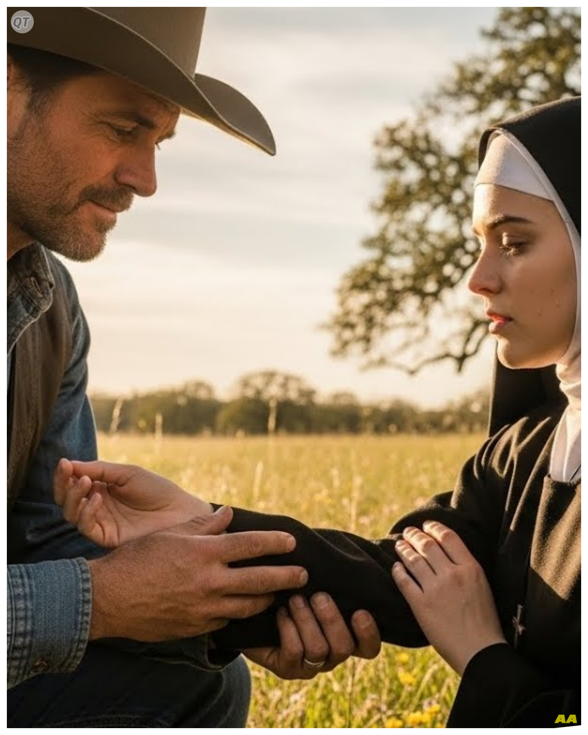 The Forbidden Love of the Kansas Prairie – Wild West Story  The sun blazed mercilessly over the Kansas prairie, painting the tall grass in shimmering gold.  Jake Hollister rode slowly along the horizon, his eyes scanning the endless stretch of land.  Then, out of the corner of his eye, he saw something dark lying in the grass.  At first, he thought it was a fallen deer.  But as his horse drew closer, Jake froze.  It wasn’t an animal.  It was a woman.  She was young, dressed in the black habit of a nun, collapsed in the heat of the sun.  Dust clung to her bare cut feet and a faint streak of dried blood marked each though.  The heat radiating from her skin told Jake she had been walking or perhaps running under the brutal Kansas sun for hours.  He jumped from his horse, dust swirling around him like smoke, and knelt beside her.  Her lips barely moved as a faint whisper escaped.  That is forbidden………….