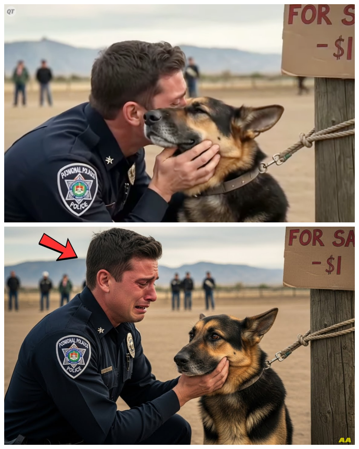 Officer Froze When He Saw His Missing K9 Being Sold for $1—What Happened Next Shocked the Whole Town  At a busy town market, a German Shepherd was tied to a post with a sign, “For sale, $1.  ” When one officer saw him, his blood ran cold.  Before we start, make sure to hit like, share, and subscribe.  And really, I’m curious, where are you watching from? Drop your country name in the comments.  I love seeing how far our stories travel.  The morning market in Havenbrook was alive with noise.  Vendors shouted.  Children laughed.  The smell of roasted nuts and fresh bread filled the air, and in the corner, tied to a splintered wooden post, sat a German Shepherd, thin, scarred, eyes dull with exhaustion.  Above him, a crude cardboard sign read, “For sale, dollar one.  ” People walked past, some laughed.  One man tossed a coin into the dog’s empty bowl.  More insult than kindness, but no one stopped.  No one cared until Officer Marcus Cole arrived.  From the first day they met, Marcus knew Rex wasn’t just another dog.  He was family.  Rex, a German Shepherd with sharp amber eyes and a black saddle across his back………..