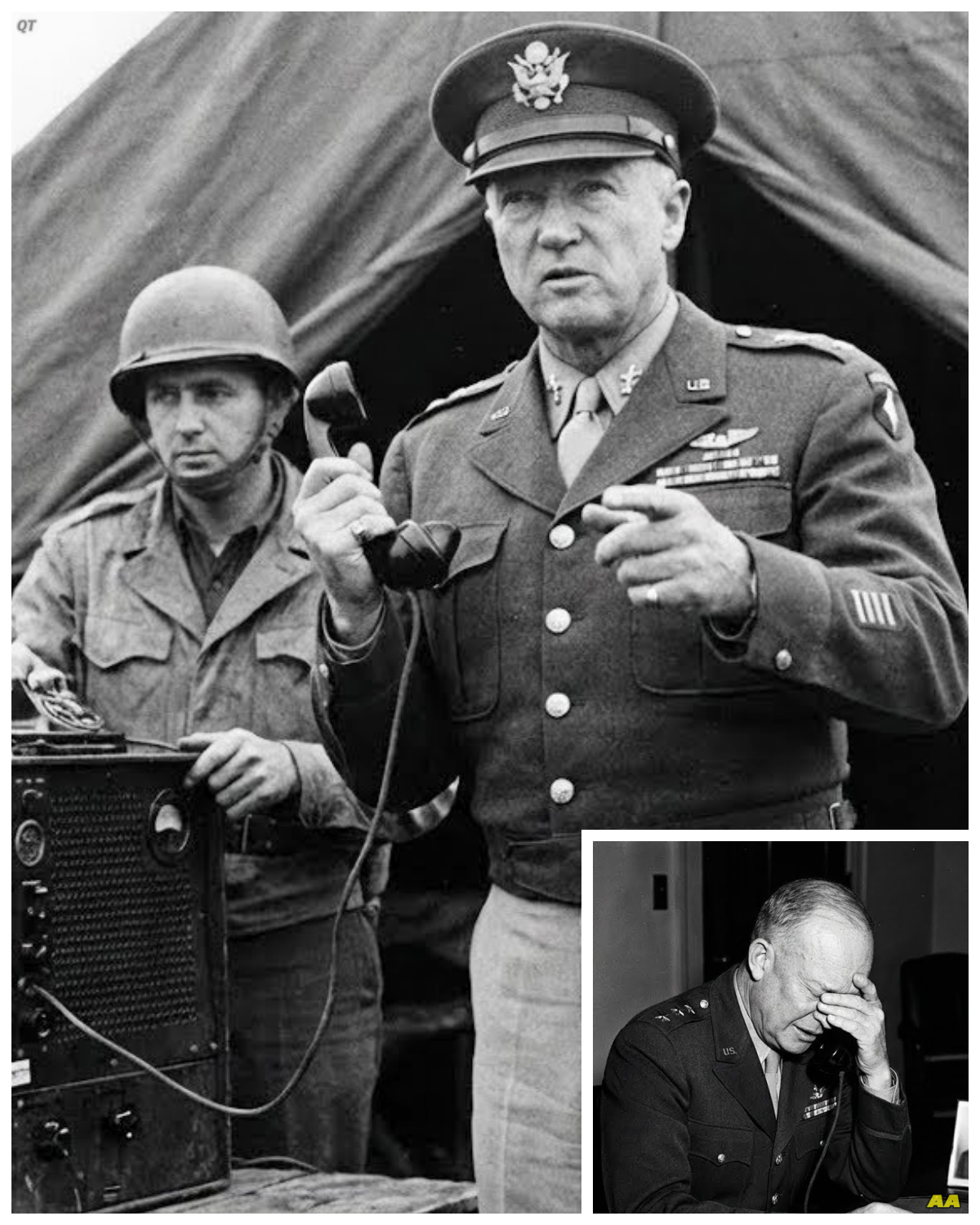 The Phone Call That Made Eisenhower Cry — Patton’s 4 Words That Changed Everything  December 16th, 1944.  If one phone call had never happened, if four impossible words had never been spoken, the United States would not have lost a battle.  It would have lost an army.  20,000 American soldiers were trapped, surrounded, freezing, bleeding into snow that never stopped falling.  German artillery closing in from every direction.  Tanks tightening the noose.  Ammunition running out.  Medical supplies gone.  Hope evaporating by the hour.  Every military expert agreed on one thing.  There would be no rescue every general except one.  They called him old blood and guts, a nickname earned the hard way.  Not from speeches or paperwork, but from leading attacks personally.  From riding tanks into combat, from wearing pearl-handled pistols at his hips and believing without irony that war was humanity’s ultimate test.  George Smith Patton didn’t command from behind maps.  He commanded from the front………….