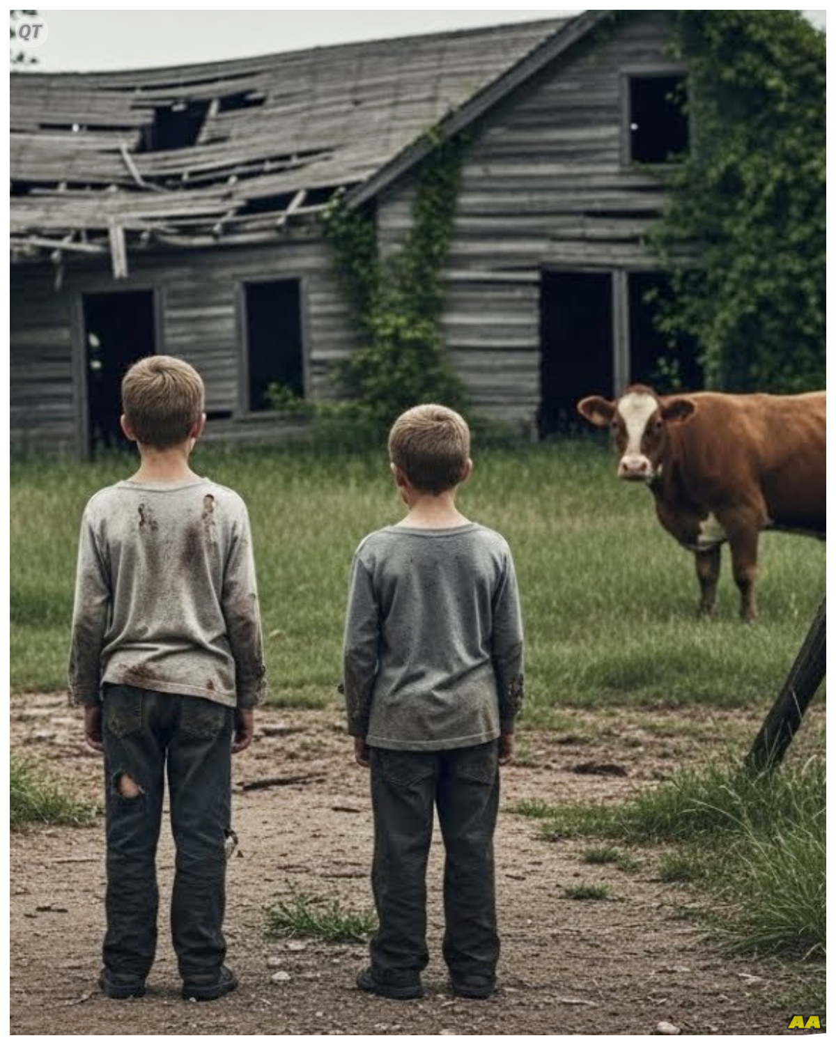 Abandoned by Their Stepmother, Orphaned Brothers Went to Ruined Ranch but the Cow They Saved Changed  They were left on the road without a look back.  The stepmother didn’t say goodbye.  She just pointed toward the path to the ruined ranch and drove away.  The orphaned siblings walked for miles until they found fallen fences, rotting barns, and absolute silence.  There they discovered an injured cow forgotten just like them.  They decided to save her just to survive.  But after that night, something changed.  The cow did not behave like an ordinary animal, and what began as compassion turned into something that no one in the region could explain.  Abandonment didn’t happen all at once.  It had been brewing for months, hidden in long silences, hard stairs, and doors closed too early.  Since their father died, the two siblings had learned to walk carefully inside their own home, as if every step could be their last.  The stepmother never called them by their names.  She called them wait mistake.  The thing that stayed.  That morning she woke up earlier than usual.  She ordered them to pack an old backpack, threw in a piece of hard bread, and said they were going to the countryside.  She didn’t explain why.  She simply drove to the end of the dirt road, pointed to the horizon, and said there was an abandoned ranch where they could stay.  Then she left, kicking up dust without looking in the rear view mirror.  The siblings walked in silence…….