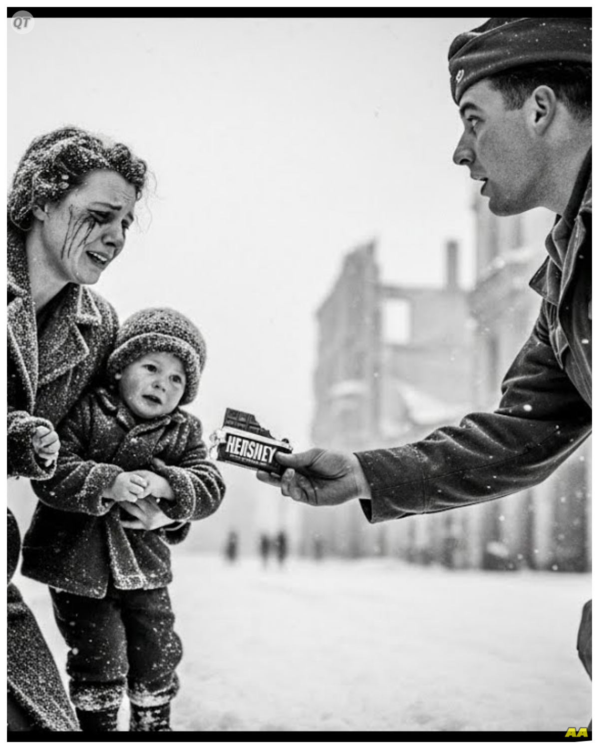 German Mother Begged American Soldier for Food, What He Did Next Shocked Her  March 1946.  A ruined street in the American zone of Berlin.  Snow is falling in thick, silent flakes.  Among the rubble walks a young German mother, Anna Schaefer, 28 years old, carrying a 4-year-old boy on her hip and holding the hand of her six-year-old daughter.  All three are wrapped in whatever coats they could find.  Their faces are thin, cheekbones sharp, eyes too large.  The children haven’t eaten properly in weeks.  Anna hasn’t eaten in 3 days, so the little ones could have half a boiled potato each.  If this story moved you, tap subscribe and let me know where you’re watching from so these forgotten memories keep traveling the world.  She sees a lone American soldier on patrol, tall, clean uniform, helmet pushed back, rifle slung easy.  Private first class James O’ Conor, 22, from Brooklyn.  He is chewing gum and looks almost bored until he notices the woman in the two small shadows beside her.  Anna gathers the last of her courage…………