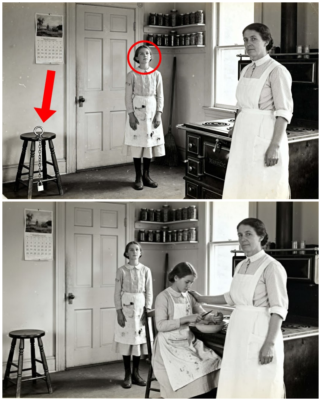 This 1911 Farmhouse Portrait Looks Wholesome Until You Notice The Lock on the Stool