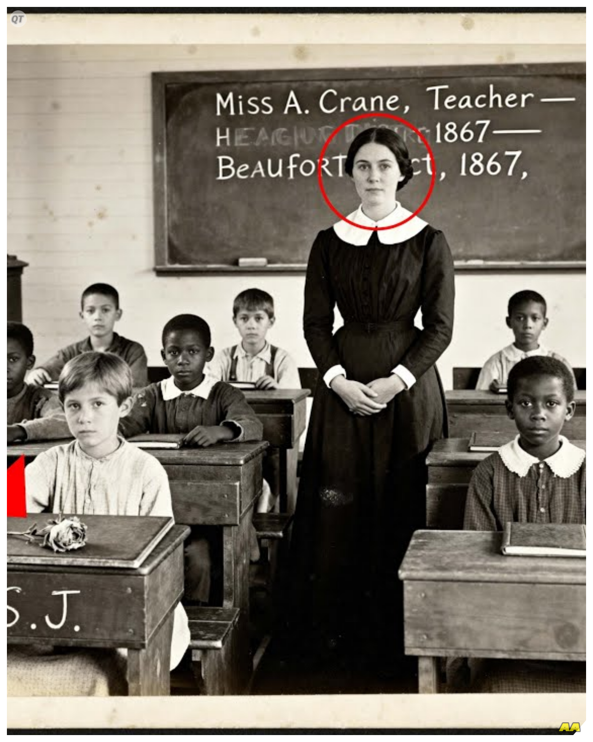 This 1867 Portrait of a Teacher Looks Calm Until You Notice the Empty Desk  This 1867 portrait of a teacher looks calm until you notice the empty desk.  At first glance, it seemed like exactly what it was supposed to be, a proud record of progress, a classroom full of children learning to read.  But one detail in the corner of the frame refused to stay quiet.  And once Elellanar Marsh noticed it, she could not look away.  Elellaner was a paper conservator at a historical society in Charleston, South Carolina.  She had spent 11 years handling fragile documents and photographs, carefully stabilizing the physical evidence of the past.  Most of her work was routine, foxed letters, crumbling ledgers, cabinet cards with silver mirroring along the edges.  She knew how to separate sentiment from analysis.  She knew how to look at an image and see chemistry, light exposure, paper stock.  But this photograph was different…………