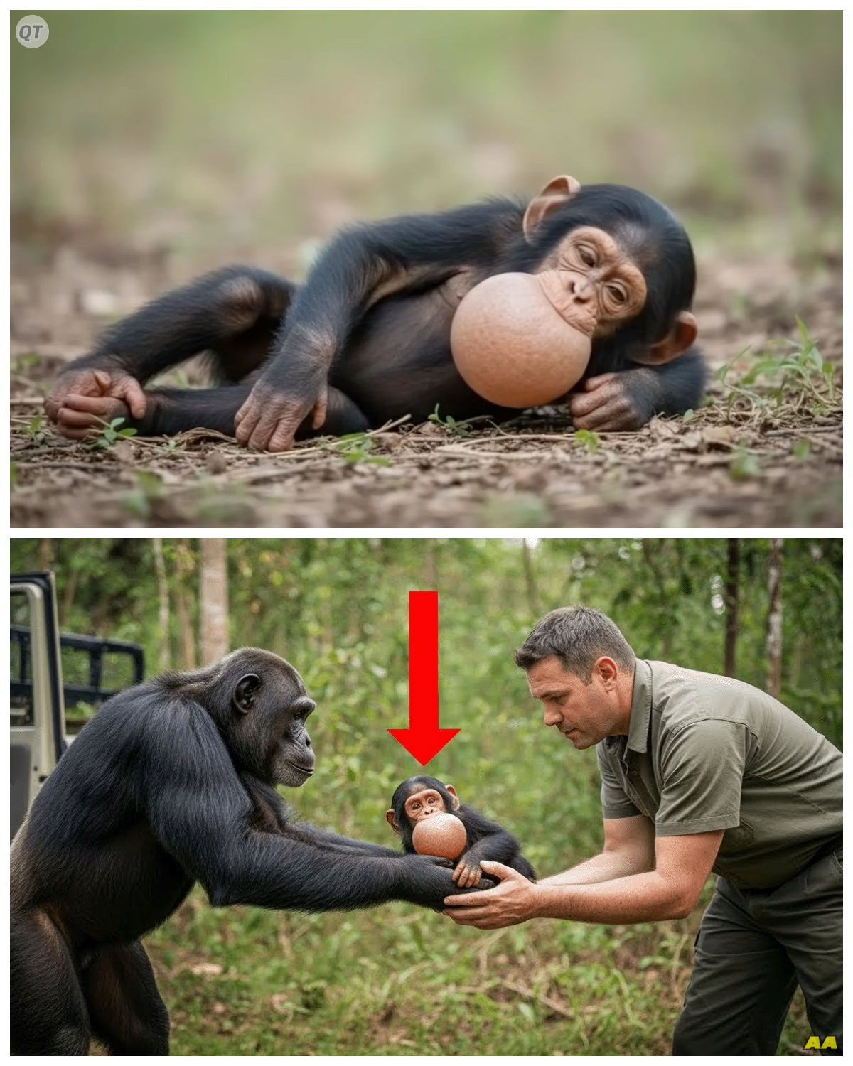In the dense foliage of the rainforest, a baby chimpanzee lay weak and unresponsive, his father’s heart heavy with fear. 🐒  The father knew he needed help, and without hesitation, he began to sign.  “Please, save my child!” he pleaded, his hands a flurry of emotion and urgency.  The rescuers, witnessing this incredible display of communication, felt a wave of compassion wash over them. 😢  It was a moment that transcended species, a father’s love expressed through the universal language of desperation.  As they approached, the father’s gaze was filled with hope and determination.  Would they be able to understand the depth of his plea and act swiftly to save his precious baby?  Click the link to read more 👇