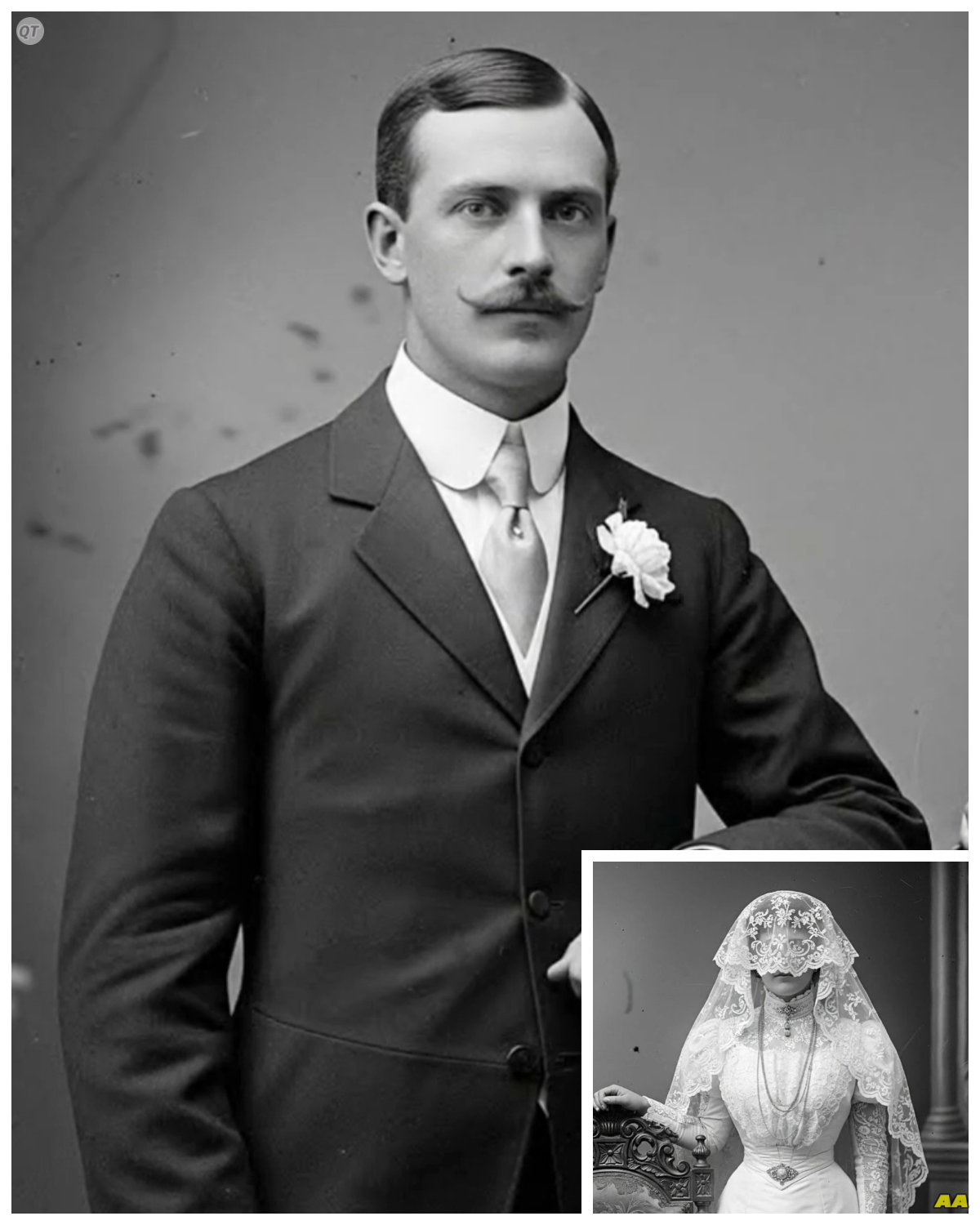 “1904 portrait resurfaces — and historians pale as they enlarge the image of the bride”  A dusty frame forgotten for over a century.  And then everything changed.  It began in a small attic.  A collector stumbled upon a stack of old photographs.  Most were faded, forgotten snapshots of lives long gone.  But one portrait stopped him cold.  It was a wedding portrait, 1904.  A bride in a delicate lace gown.  Her eyes almost seemed to follow him.  The expression on her face was serene, perfect, but something felt off.  He carefully lifted the glass.  Every corner of the frame whispered history.  The dust of a hundred years covered it, but the image beneath was pristine.  The detail of the lace, the flowers, even the tiny pearl buttons, sharp as if frozen in time.  He sent a photo to a friend…………….
