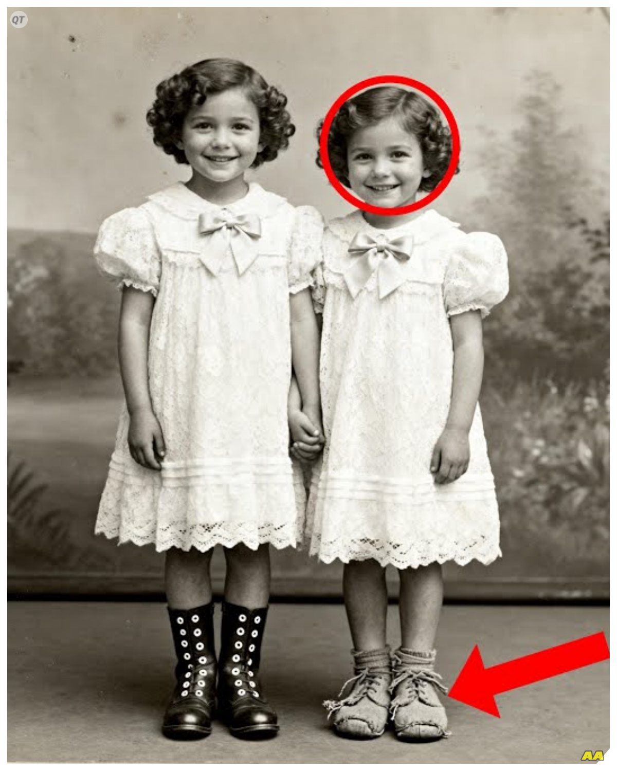 This 1919 Studio Portrait of Two “Twins” Looks Cute Until You Notice The Shoes  This 1919 studio portrait of two twins looks cute until you notice the shoes.  The photograph seems ordinary at first.  Two girls in matching white dresses, their arms linked, smiling at the camera in a well-lit Chicago studio.  But one detail refused to leave the curator’s mind.  The shoes did not match.  Margaret Holloway had worked at the Chicago Historical Society for 17 years, and she had cataloged thousands of family portraits from the city’s early 20th century photography studios.  She knew what belonged and what did not.  This image had arrived in a donation box from an estate sale on the south side, mixed in with ledgers, correspondents, and promotional materials from a longdefunct child welfare agency called the Illinois Home Finding Association……….