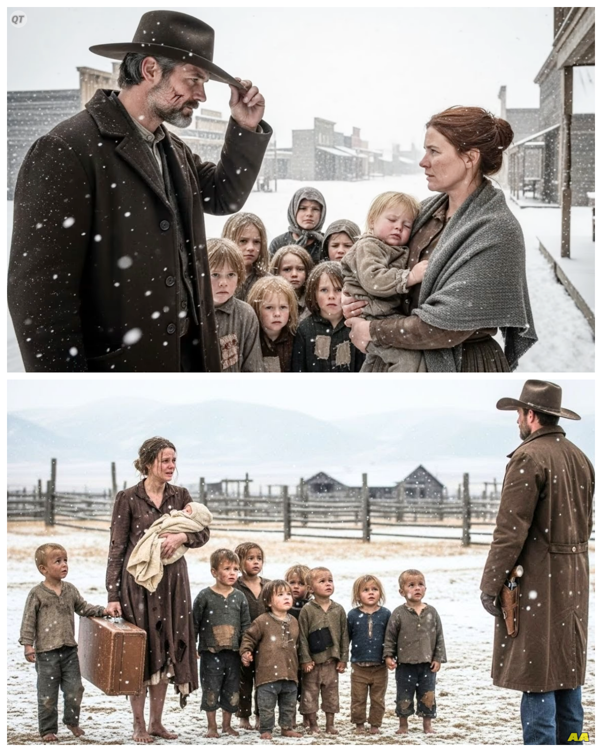 A Starving Widow With 9 Children Married a Stranger for Food — Then She Saw What He Truly Owned  Margaret Sullivan’s fingers were blue when she lifted her youngest from the frozen stage coach.  Nine children, 11 cents, and a letter from a stranger promising food and shelter.  She’d buried her husband 10 months ago, sold everything but the clothes on their backs.  Traveled 14 days through snow and ice with nine hungry mouths and one desperate prayer.  But when she looked up at the platform in Copper Springs, Montana, the town’s people weren’t staring at her starving children.  They were staring at her like she’d just signed her own death warrant.  Before we continue Margaret’s journey, hit that subscribe button and comment your city below.  Let me know how far this story travels.  Now, let’s begin.  Margaret’s arms were shaking so hard she nearly dropped Bridget.  The three-year-old whimpered against her neck, her small body burning with fever despite the bitter cold.  10 days of barely eating.  10 days of watching her baby grow weaker while Margaret could do nothing but pray…………