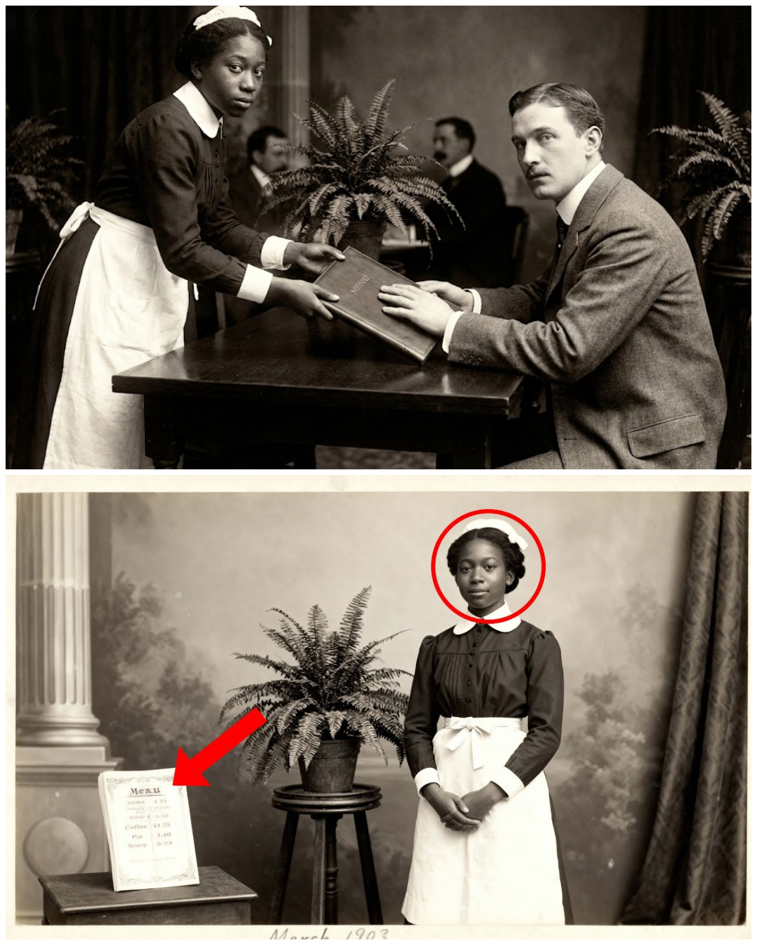 This 1903 Portrait of a Waitress Looks Polite Until You Notice the Menu Code
