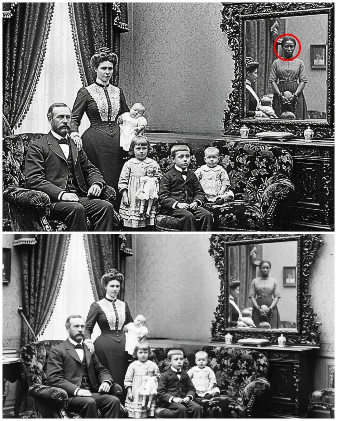 This 1860 portrait appears calm — but the slave’s reflection in the mirror reveals a stark truth