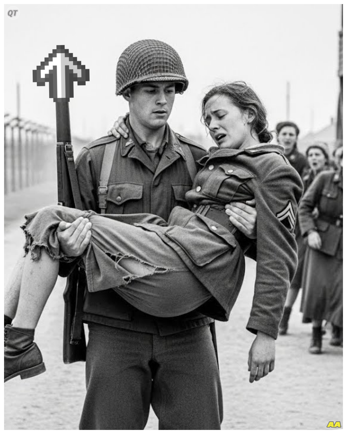 You’re Mine Now,” Said the U.S. Soldier After Seeing German POW Women Starved for Days  May 1945, a dusty processing camp near Reagansburg, Germany.  329 female German PWs, mostly young hellerinan from flock and signals units, are marched in under guard.  They have been on the road for weeks.  No real food.  Rations cut to almost nothing as the Reich collapsed.  They are skeletons and rags, eyes sunken, skin gray.  Many can barely walk.  They expect the worst from the Americans.  The first soldier to see them is Sergeant Mike Kowalsski from Chicago, 25, Polish American, 104th Infantry Division.  He has just come from liberating a sub camp of Dao.  He knows what starvation looks like.  He sees the women and freezes.  One girl, 19-year-old Greta Müller from Berlin, collapses in the line.  Mike runs forward, catches her before she hits the ground.  She flinches, eyes wide with terror.  Mike looks at her ribs showing through the torn uniform, her hollow cheeks, her shaking hands………….