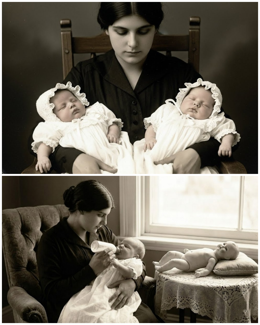 A mother cradles her twin daughters in 1903 — but look closely and you’ll see one of them isn’t …