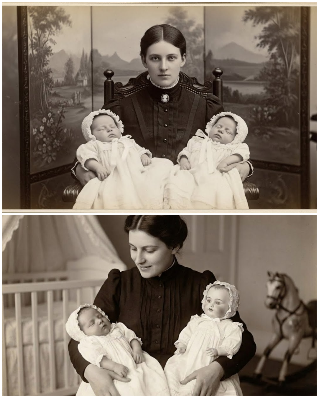 A mother poses with her twin infants in 1907 — but look closely and you’ll see only one baby is …