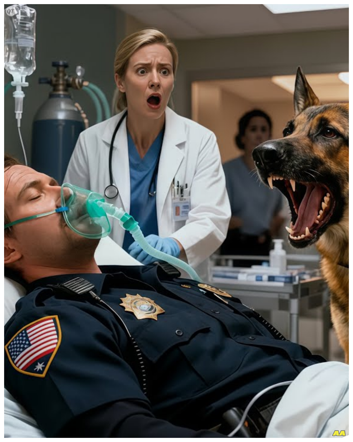 Officer Was About to Die, 15 Doctors Gave Up – Until His Dog Found What They Missed!  Pressure is dropping.  We’re losing him.  Wait, the IV line, it’s completely kinkedked.  It was supposed to be just another quiet evening.  But inside St.  Mary’s emergency room, the air had turned heavy, too heavy to breathe.  Monitors screamed in flat, lifeless tones.  A nurse whispered something no one wanted to hear.  Pulses gone.  Officer Ryan Carter lay motionless on the hospital bed, his chest still, his skin pale.  The head doctor lowered his voice.  Time of death, 6:42 p.m.And with that, they began to disconnect the machines.  But outside those cold glass doors, a sound shattered the silence.  A deep frantic bark, the kind that came from a heart refusing to accept goodbye.  The German Shepherd’s name was Shadow…………