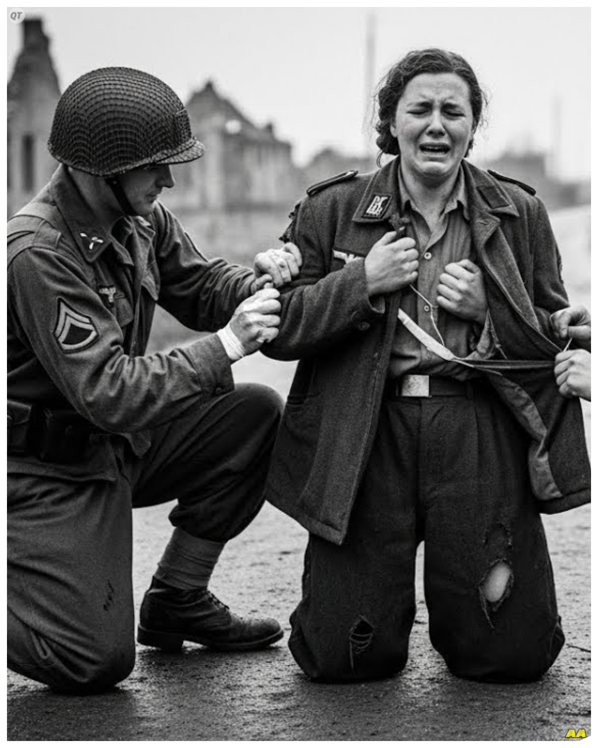 Please Don’t Hurt Me” – German Woman POW Shocked When American Soldier Tears Her Dress Open 17th April 1945. A muddy roadside near Helbrron, Germany. 19-year-old Luftwafa Helerin Anna Schaefer is captured alone. Her uniform is torn, face stre with blood and dirt. She has been hiding in a ditch for 3 days after her unit surrendered. A US 100th Infantry Division patrol finds her. Private first class Vincent Vinnie Rossy from Brooklyn, 22, Italian American, 22, speaks a little German from his nona is first to reach her. Anna throws up her hands and screams in terror. Beta toen, “Please don’t kill me. ” Vinnie raises his rifle, then sees the raw fear in her eyes and lowers it. He steps closer. Anna squeezes her eyes shut. waiting for the worst. Instead, she hears fabric ripping. She opens her eyes in panic. Vinnie has torn open the back of her torn uniform jacket, not for assault, but to reveal a massive infected shrapnel wound she had been hiding for days. The wound is green, pusfilled, crawling with maggots. Vinnie swears in Italian, then yells for the medic. Within minutes, the patrol medic, Corporal Daniel Goldstein, Jewish, escaped Vienna in 1938, is on his knees cleaning the wound with sulfa powder and morphine. Anna is shaking, half from fever, half from disbelief. Daniel looks up at Vinnie…………..