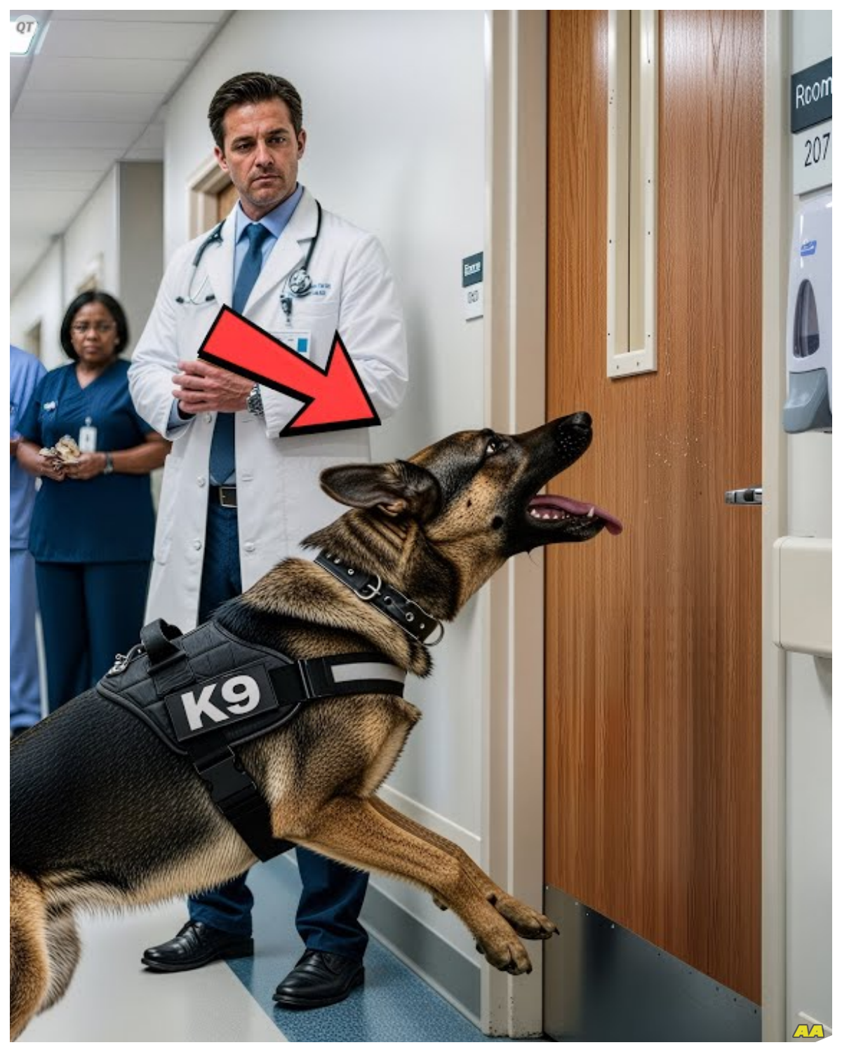 K9 Dog Wouldn’t Stop Barking at Room 207 in a Hospital – What They Found Inside Was Horrifying!  A police dog wouldn’t stop barking at room 207.  What they found inside cracked open a 10-year-old secret.  Before we start, make sure to hit like, share, and subscribe.  And really, I’m curious.  Where are you watching from? Drop your country name in the comments.  I love seeing how far our stories travel.  The night shift at St.  Andrews Hospital was usually quiet, long hallways, soft beeps, whispers between nurses.  But just after midnight, a deep urgent bark shattered the calm.  Officer Dana Reyes tightened.  Her grip on Titan’s leash.  The German Shepherd strained forward, every muscle coiled, ears pinned back, hackles raised.  She’d worked with Titan for 5 years.  Trained him to detect narcotics, explosives, hidden weapons.  But she’d never seen him like this.  “Easy, boy,” she murmured.  Titan didn’t ease up………..