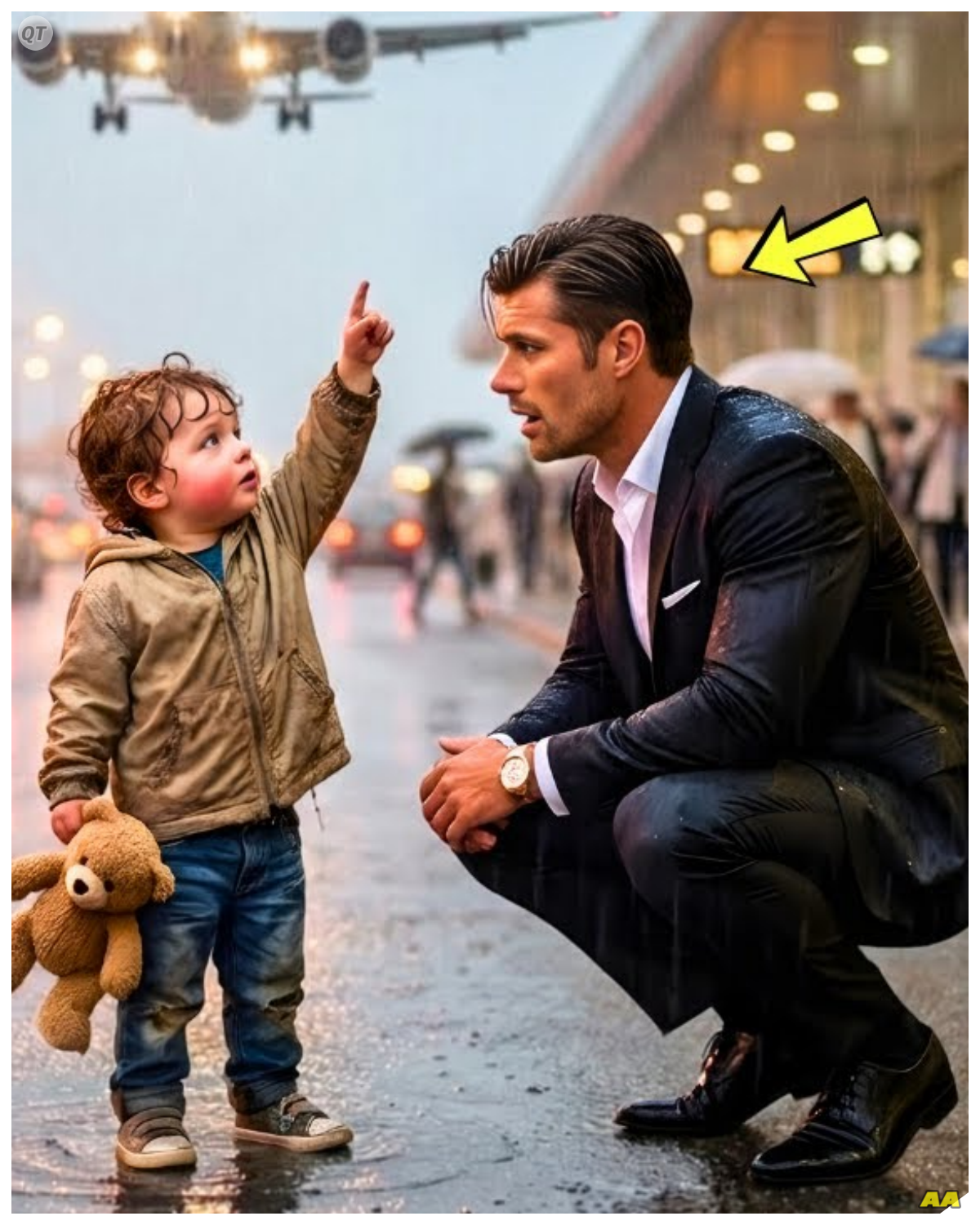 “My daddy is in heaven…can you help us get home?”—Said A Little Boy to the Lonely CEO at the Airport  My daddy is in heaven.  Can you help us get home?” said a little boy to the lonely CEO, millionaire at the airport.  Rain poured steadily over the airport drop off lane, soaking the concrete in sheets of reflected light.  Taxi tail lights blurred into red streaks.  A loud speaker echoed flight delays.  The metal benches along the pickup zone glistened with rain.  Most were empty.  A few travelers stood under awnings, scrolling phones or pacing.  Gabriel sat alone on the far bench, coat collar raised against the cold, a leather briefcase at his feet, and a small gift bag tucked beneath his arm.  The rain spotted his tailored suit, but he did not move.  Droplets slid silently across the glass face of his Rolex.  He had just come from a global finance conference, keynote speaker, press coverage, champagne toasts.  It had gone well.  Another success in a long line of them.  And yet staring into the rain, he felt nothing.  No one had waited for him at arrivals.  No calls, no welcome home.  The driver was late…….