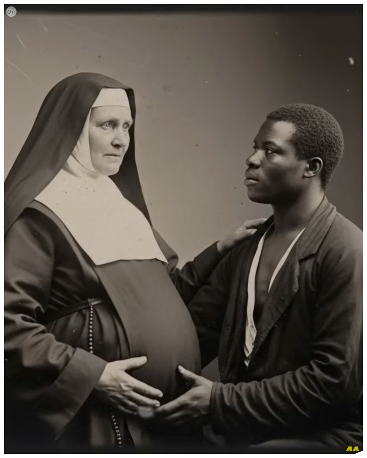 Holy Scandal: 55-Year-Old Nun Got Pregnant by Her Young Slave and Called It God’s Miracle  The basement archives of St.  Dominic’s Cathedral in Baltimore hold a leatherbound journal that church officials discovered in 1893, buried beneath floorboards during renovation work.  The journal belonged to Father Vincent Callahan, Confessor to the Sisters of Divine Mercy Convent from 1761 to 1767.  Its pages, yellowed and water stained, contain an entry dated November 3rd, 1764.  written in handwriting so agitated that entire sentences bleed into illeibility.  The words that remain legible describe something Father Callahan called the most disturbing confession of his 32 years in the priesthood.  Sister Bridget Om Ali, 55 years old, mother superior of the convent, a woman whose reputation for holiness had drawn pilgrims from three colonies, stood before him in the confessional and spoke words that would shatter everything he thought he knew about faith, sin, and the boundaries between them.  She was pregnant, 4 months along, carrying the child of an 18-year-old enslaved man named Samuel, who worked in the convent’s gardens.  And when Father Callahan asked her how this could have happened, how a woman who’d devoted 37 years to God could commit such a grievous sin, Sister Bridget looked him directly in the eyes and said something that haunted him until his death.  This is not sin, father…………..