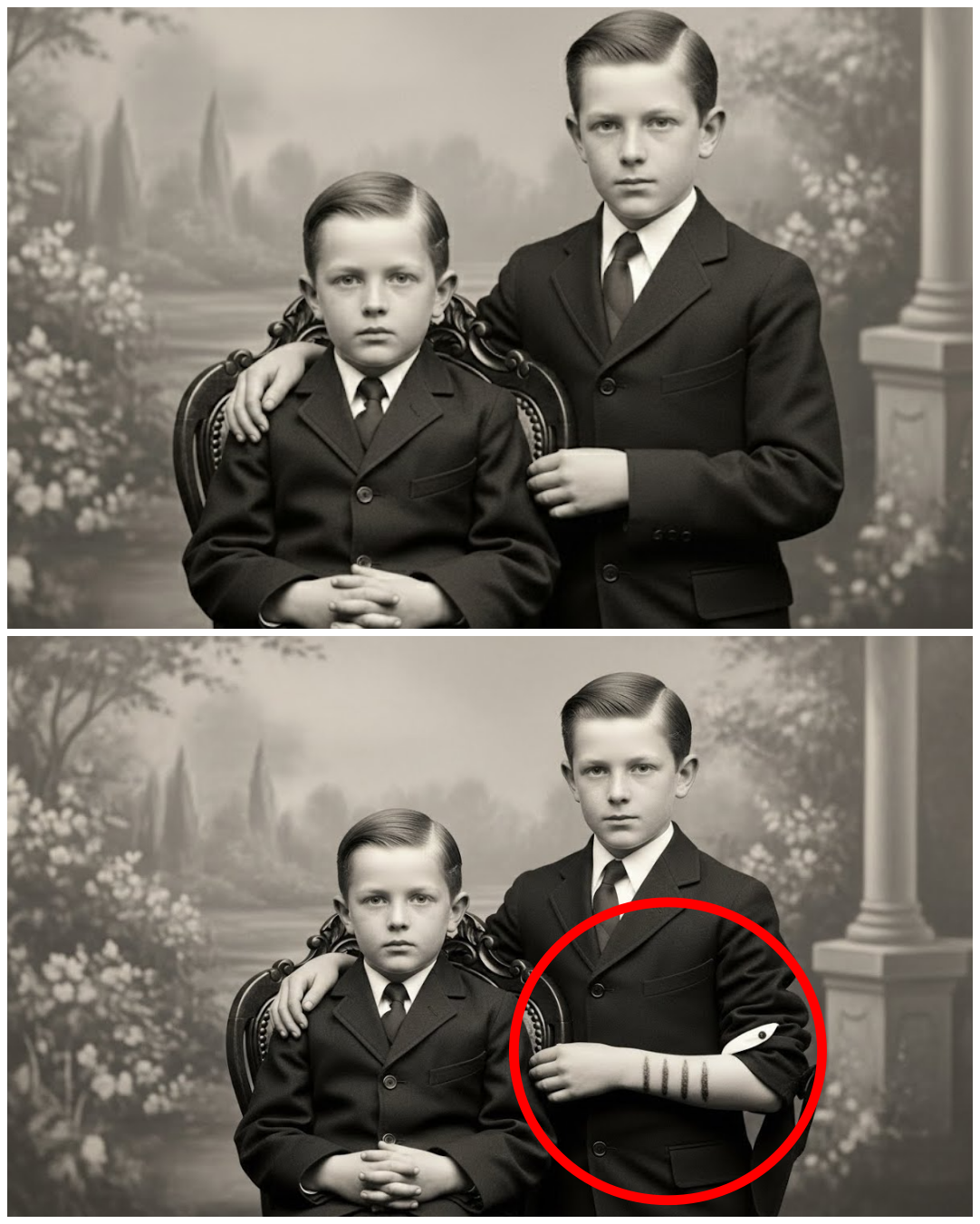 Two brothers pose for a studio portrait in 1889 — but zoom in on something disturbing beneath the…