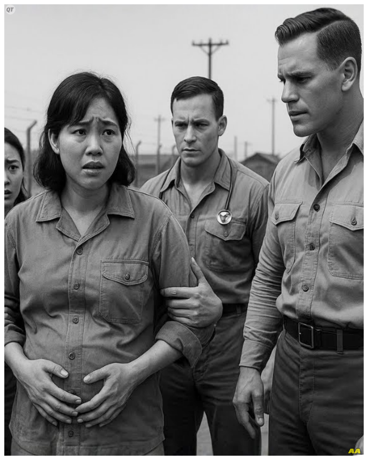 Japanese POW Women Hid Their Pregnant Friend in Terror — U.S. Doctors Promised to Protect the Child  They huddled around her in the darkness, whispering frantic prayers.  20 Japanese women formed a human wall around their friend Akiko, whose swollen belly threatened to give away their secret.  They had hidden her pregnancy for 3 months aboard the prison ship, terrified of what American soldiers would do to a pregnant enemy.  But when the camp doctor walked into their medical examination room that cold October morning in 1945, everything they believed about their captors was about to shatter.  What happened next would prove that sometimes your enemy’s mercy is more dangerous than their cruelty.  If stories like this fascinate you, make sure to hit that subscribe button and turn on notifications.  These true accounts from World War II reveal the humanity that can exist even in the darkest times.  The frost had come early to Wisconsin that year.  On October 14th, 1945, a military transport train pulled into Camp McCoy, its brakes screeching against frozen rails.  The sound echoed across the empty planes, sharp and final.  Inside the third car, 127 Japanese women sat in silence, their hands clasped in their laps, their faces pale with exhaustion and fear.  They had been traveling for 6 days, first on a prison ship from Manila to San Francisco, then on this train that carried them deeper and deeper into the heart of America.  With each mile, their fear had grown.  They were being taken inland, away from the coast, away from any hope of escape or rescue.  They were being taken to a place so remote that no one would hear them scream.  The train car was cold.  Their breath came out in white clouds………….