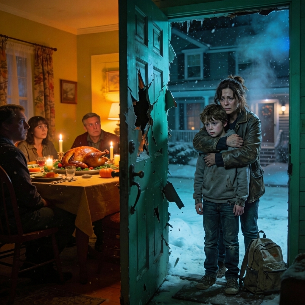 I arrived unexpectedly at my son’s home on thanksgiving to find my grandson shivering outside in a t-shirt and shorts in 5°f temperatures while the whole family ate turkey inside; i kicked the door open, said six words, and their faces went white.