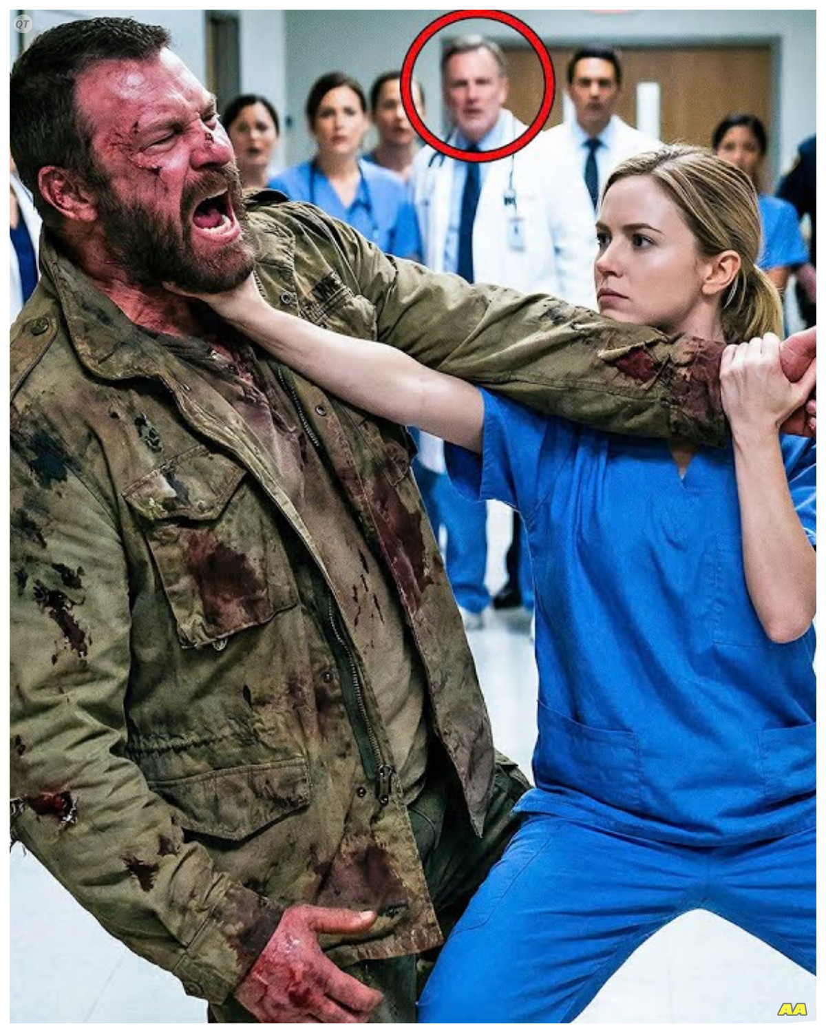 The 7-Foot Giant Charged the ER — Then the ‘Rookie’ Nurse Took Him Down Instantly  A 7-ft Titan weighing 300 lb and covered in foreign blood crashed through the sliding doors of Mercy General, instantly turning a Tuesday night into a massacre waiting to happen.  He tossed three security guards like ragdolls, sending doctors fleeing and patients screaming while police were still 10 minutes out.  In the midst of the chaos, an unlikely figure stepped forward.  Aurora.  She was the mousy rookie nurse who had been scolded for trembling hands just an hour earlier.  Yet, she didn’t run.  Instead, she walked right up to the giant, looked him in the eye, and did the unthinkable, freezing the hospital in disbelief and proving that the mouse was actually a lion in scrubs.  The clock on the wall of the emergency department at Mercy General Hospital in Chicago clicked over to 1000 p.m.  It was a rainy Tuesday in November, the kind of night where the cold seeps into your bones and the ambulance bay doors rattle in their frames from the wind.  Inside the triage station, the fluorescent lights hummed with that headacheinducing flicker that only night shift workers truly understand.  Aurora, for God’s sake, move faster.  The sharp voice of head nurse Brenda Miller cut through the low murmur of the ER.  Brenda was 50, cynical, and moved with the efficiency of someone who had seen it all and liked none of it.  She stood with her hands on her hips, glaring at the newest addition to the nursing staff.  Aurora Jenkins flinched.  She was 28, but she looked younger………. Full in the comment 👇