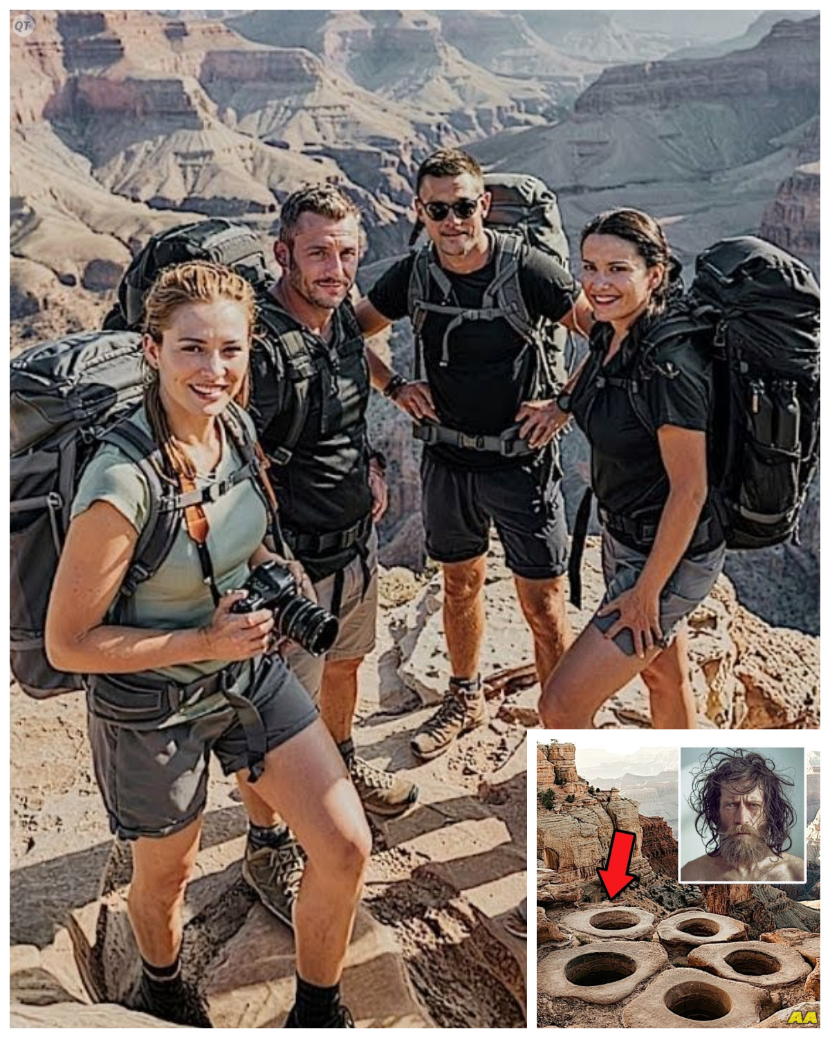 Four Travelers Vanished in Grand Canyon, seven years later one returned and revealed th…  They were four when they arrived.  Sarah, David, Lena, and Mark.  College friends reunited after years apart, chasing one last adventure before life scattered them again.  Sarah, with her camera always slung across her chest, eager to capture every moment.  David, the planner, meticulous with roots and gear.  Lena, restless and wild, the one always pushing for the harder trail.  And Mark, quiet, thoughtful, carrying a notebook.  he scribbled in when no one watched.  They arrived at the Grand Canyon in late September when the crowds thin and the air carries a cooler edge.  The morning they set out, a local shop owner remembers them laughing over breakfast burritos, spreading out the map, arguing over which rim route to take.  They chose a less traveled trail, one that would lead them down into the canyon and loop back in 3 days.  They checked in at the ranger station, signed the log book, and waved off the warnings about the weather.  Storms were rare this time of year, they said.  A tourist snapped a photo of them at the trail head.  All four with arms thrown around each other, sun cutting through the pines, Sarah holding up her camera, David squinting at the map, Lena mid laugh…….. Full in the comment 👇