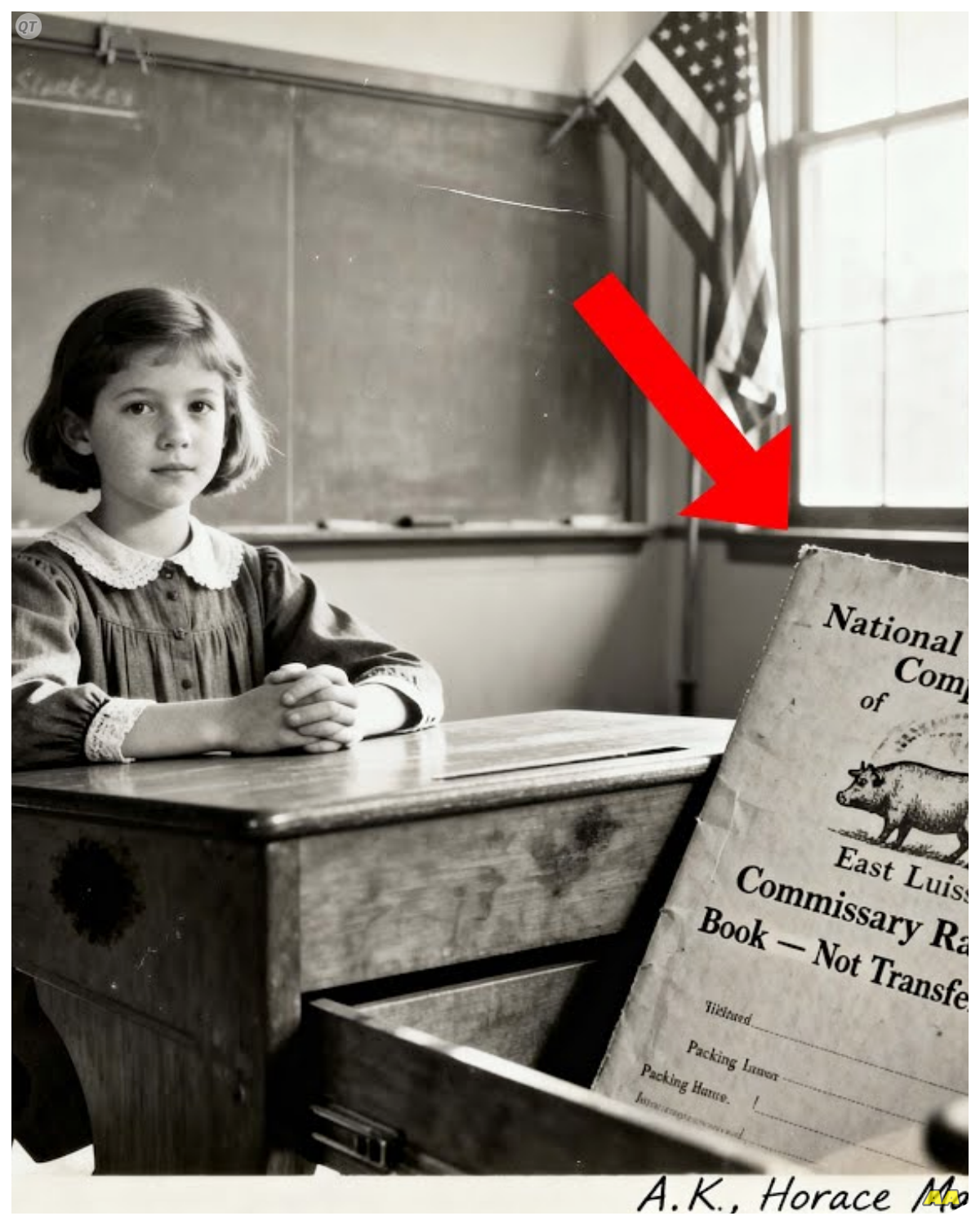 This 1912 Classroom Photo Looks Normal Until You Notice the Girl’s Desk Drawer  This 1912 classroom photo looks normal until you notice the girl’s desk drawer.  This 1912 classroom photo looks normal until you notice the girl’s desk drawer.  At first glance, it seemed like any other school portrait from the progressive era.  A young girl, maybe 10 or 11 years old, seated at a wooden desk in a St.  Louis classroom, handsfolded, a shy smile breaking across her face as she looks toward the camera.  Behind her, a chalkboard shows arithmetic problems in careful cursive.  A flag hangs limply in the corner.  It was the kind of image that belonged in a local history display, something to illustrate how far education had come in a century until one detail refused to let the archavist go.  Rachel Okonquo had spent 11 years cataloging photographs for the Missouri History Museum.  She had processed tens of thousands of images in that time.  Everything from dger types of early settlers to snapshot albums from the 1970s.  She knew what a routine school photograph looked like.  She knew what belonged in a child’s desk and what did not.  The photograph had arrived as part of a donation from the estate of a retired St.  Louis school teacher named Helen Brangan who had passed away at 96.  The collection was modest………….