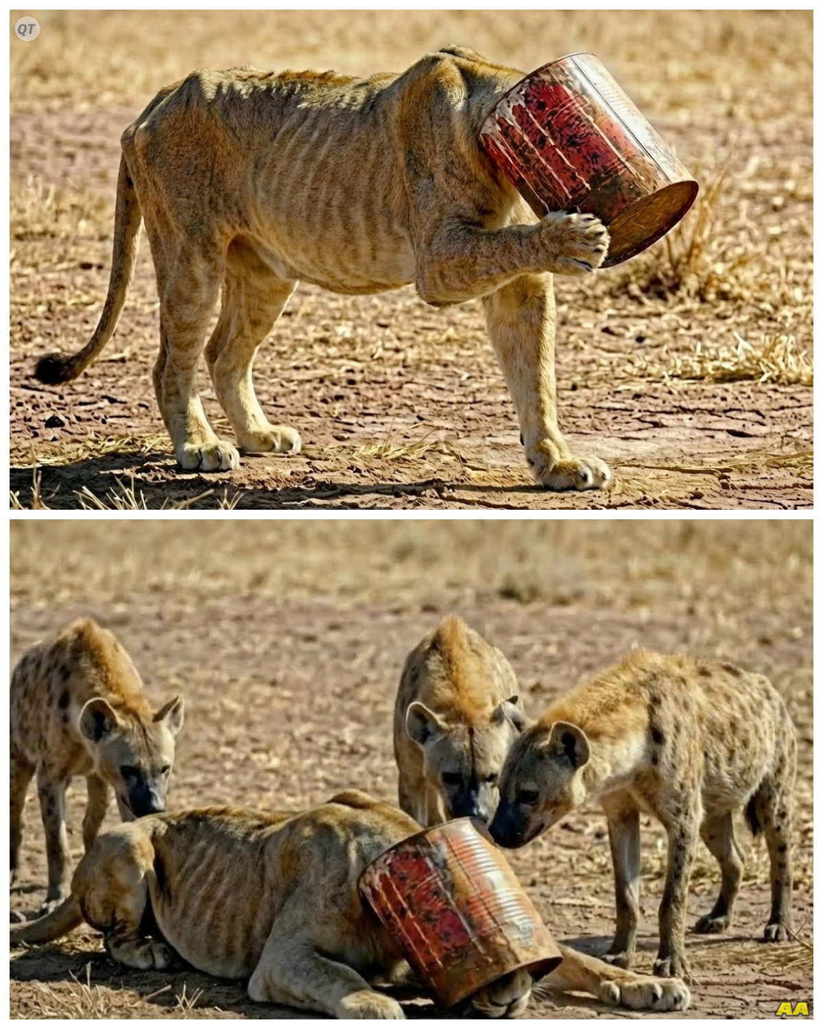 The Desperate Plea: A Lioness’s Fight for Survival In the desolate expanse of the African savannah, where the sun blazed mercilessly and the earth cracked under the weight of a relentless drought, a lioness named Zara fought for her life.  She was a fierce protector, a mother who had weathered many storms, but this was different.  The drought had ravaged the land, leaving her with little food and even less hope.  As she prowled through the parched grasslands, her stomach growled in protest, a constant reminder of her desperation.  Zara was on a quest for survival, her instincts guiding her through the unforgiving terrain.  But fate had a cruel twist in store for her.  In her relentless search for sustenance, she stumbled upon an abandoned paint can, its remnants of color faded by time.  Curiosity got the better of her, and as she leaned in for a closer look, the can slipped, trapping her head inside.  Panic surged through her as she struggled, the metal constricting around her neck, cutting off her breath.  For 48 agonizing hours, Zara fought against the can, her strength waning with each passing moment.  She could hear the distant sounds of her cubs, their cries echoing through the vastness, a haunting reminder of what was at stake.  Meanwhile, her young cub, Kito, sensed that something was wrong.  He had been searching for his mother, his heart heavy with worry.  With every instinct screaming at him to find her, Kito ventured into the wilderness, determined to seek help.  His tiny paws carried him across the savannah, his spirit unwavering despite the odds stacked against him.  As he wandered further from their den, he encountered a human named Mark, a wildlife ranger known for his compassion and dedication to protecting the animals of the savannah.  Mark was on his usual patrol when he noticed the distressed cub, his heart aching at the sight of such vulnerability.  He knelt down, extending a hand toward Kito, who approached cautiously, his eyes filled with desperation.  Mark quickly understood that the cub was searching for something—someone.  With a gentle voice, he reassured Kito, promising to help.  Together, they followed the cub’s path, the urgency of their mission driving them forward.  But the journey was fraught with danger.  As they traversed the savannah, a pack of hyenas appeared, their eyes glinting with hunger and malice.  Mark knew they had to act quickly.  He picked up a sturdy branch, brandishing it as a weapon, ready to defend the cub at all costs.  The hyenas circled them, their sinister laughter echoing through the air, but Mark stood firm, his heart racing.  With a swift motion, he swung the branch, warding off the attackers.  Kito watched in awe as the ranger fought to protect him, a surge of hope igniting within him.  After what felt like an eternity, the hyenas retreated, sensing defeat.  Mark and Kito pressed on, their bond strengthening with each challenge they faced.  Finally, after what seemed like a lifetime, they reached the area where Zara had been trapped.  The sight that greeted them was heart-wrenching.  Zara lay on the ground, exhausted and weak, her head still ensnared in the paint can.  Mark felt a pang of sorrow as he approached the lioness, her eyes filled with a mixture of fear and gratitude.  He knew he had to act quickly.  With careful hands, he assessed the situation, trying to find a way to free her without causing further distress.  But just as he was about to make his move, the ground trembled beneath them.  A massive pride of lions emerged from the brush, their presence commanding and fierce.  Zara felt a surge of panic, fearing for her cub and the human who had come to her aid.  But Mark stood his ground, determined to save her.  As the pride circled them, Zara roared, a sound filled with both fear and defiance.  Mark could see the tension in the air, the primal instinct of survival clashing with his desire to help.  In that moment, he made a decision.  He would free Zara, no matter the cost.  With a swift motion, he reached for the can, pulling it away from her head.  Zara gasped, the pressure releasing as she stumbled forward, disoriented but alive.  The pride watched in stunned silence, their eyes shifting between Mark and Zara.  But instead of attacking, Zara turned to face her pride, her body trembling with the weight of her ordeal.  In a moment of unexpected clarity, she recognized Mark as an ally, a savior who had risked everything for her.  The tension in the air shifted, and the pride seemed to understand.  Zara approached Mark, nuzzling him gently, a gesture of gratitude that transcended species.  Mark felt tears welling in his eyes, overwhelmed by the connection they had forged.  But the moment was fleeting.  The pride, sensing their leader’s vulnerability, began to move closer, their instincts urging them to protect their own.  Mark knew he had to retreat, to give Zara the space she needed to reintegrate with her pride.  As he backed away, Kito stayed close, his eyes wide with admiration for the brave ranger.  Zara turned to her cub, her heart swelling with love and relief.  In that moment, the bond between mother and child was rekindled, stronger than ever.  The pride began to disperse, and Zara felt a surge of power as she rejoined her family.  Mark watched from a distance, a sense of fulfillment washing over him.  He had witnessed a miracle, a testament to the resilience of life in the wild.  As the sun dipped below the horizon, casting a warm glow over the savannah, Zara and her pride moved together, a formidable force united by love and survival.  Mark felt a sense of peace settle within him.  He had saved a life, and in doing so, he had learned the true meaning of compassion.  In the days that followed, Mark continued his work, advocating for wildlife conservation and sharing the incredible story of Zara with the world.  He became a voice for the voiceless, inspiring others to recognize the importance of empathy in the natural world.  And as he stood on the savannah, watching the lions roam free, he knew that their connection would last a lifetime.  In the wild, where danger lurked, love remained the strongest force of all.  Their journey had changed everything, not just for Zara, but for Mark as well.  Together, they had forged a bond that transcended the boundaries of species, a reminder that acts of kindness ripple through the fabric of life.  And as the stars twinkled above, Mark understood that in the heart of the wild, hope and compassion would always prevail.  In the end, it was a story of survival, sacrifice, and the unbreakable ties that bind us all.  In the savannah, where life is a constant battle, love remains the ultimate victory.