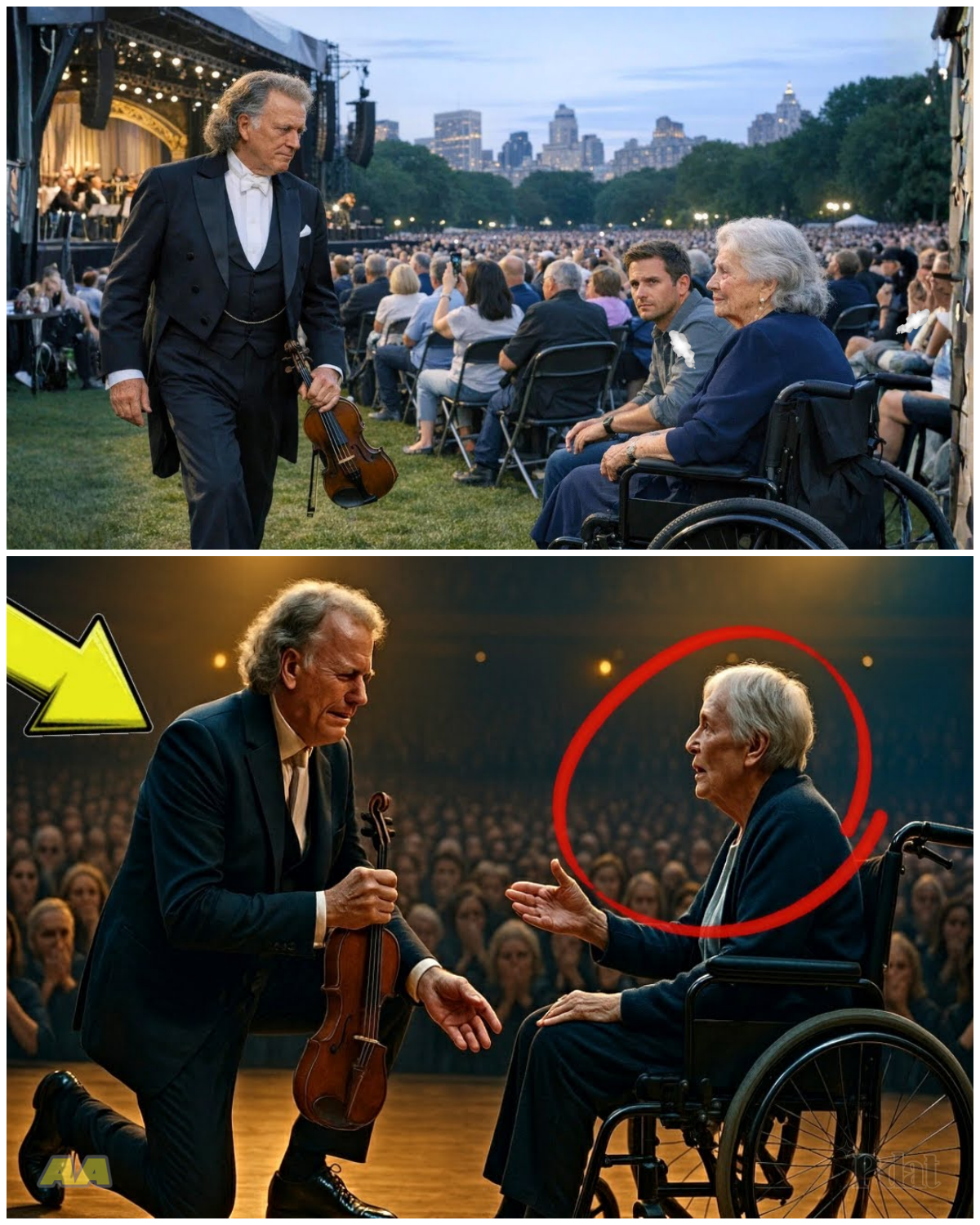 ANDRÉ RIEU KNEELS BEFORE FAN IN WHEELCHAIR… ASKS FOR FORGIVENESS AND THE CONCERT GOES SILENT