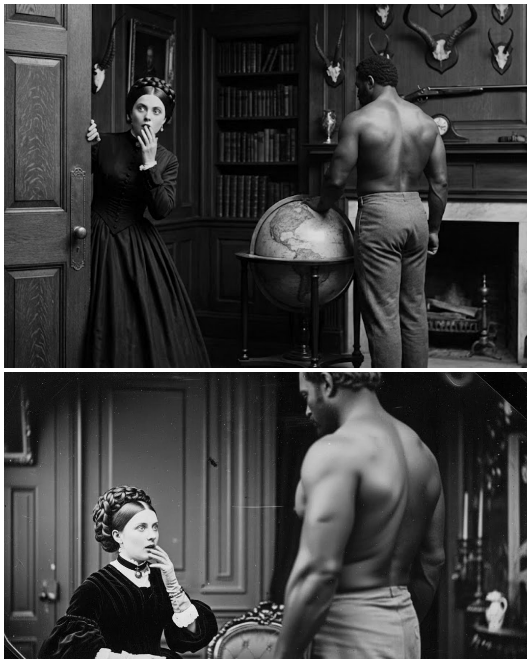 The master’s wife is shocked by the size of the new giant slave – no one imagines he is a hunter.