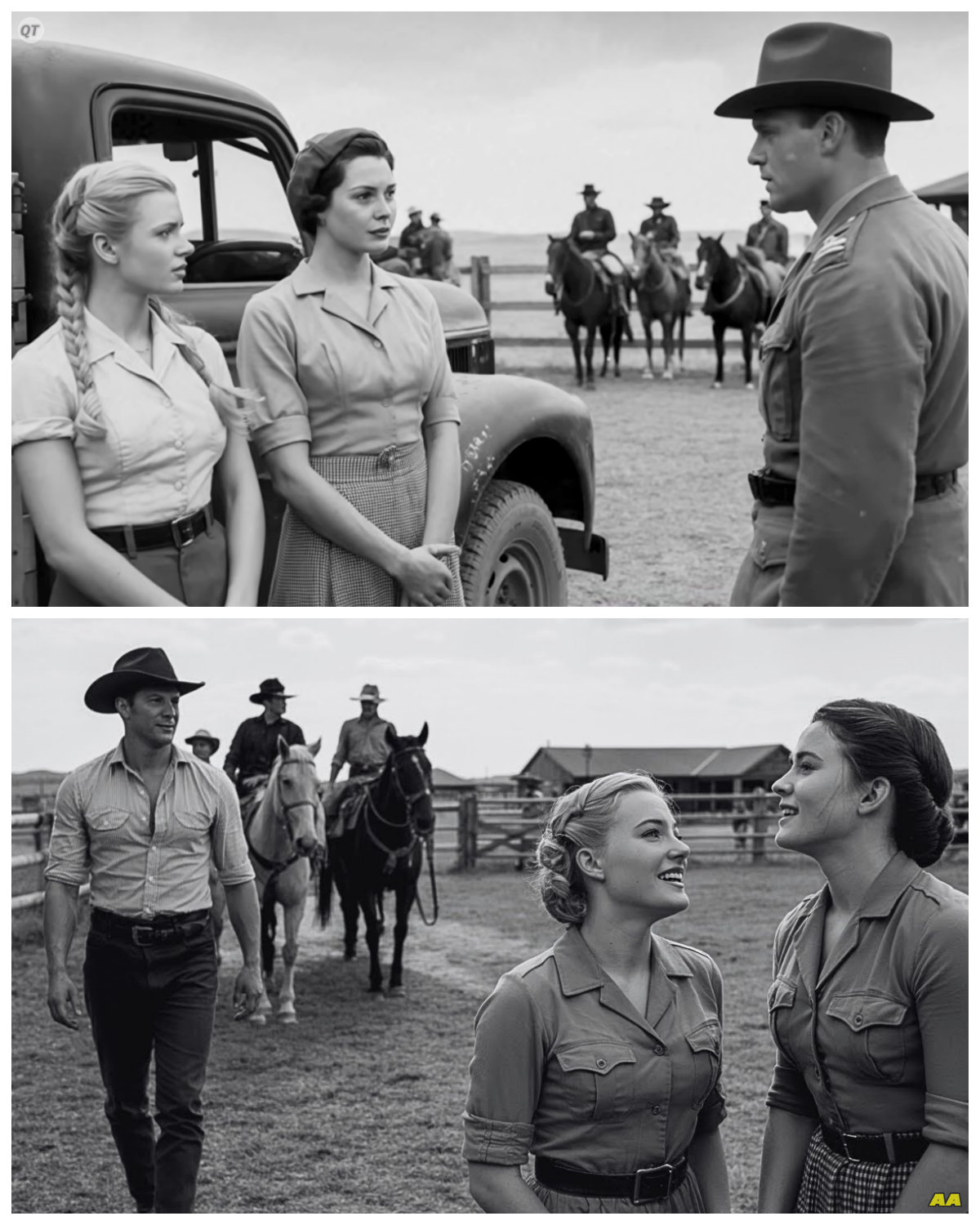 “Much Larger Than Any Man Back Home” — German POW Women Compared American Cowboys to German Men  April 19th, 1945.  The war in Europe was entering its final weeks, though the 12 German women pressed against the slats of the cattle truck didn’t know that yet.  They knew only that they were being transported somewhere into the American interior, far from the processing center in New York, where they had arrived 3 weeks earlier.  Through gaps in the wooden panels, 24year-old Greta Schneider watched the landscape transform from crowded eastern cities to endless prairie.  The sky stretched wider than anything she had ever seen in Berlin, and the emptiness both terrified and mesmerized her.  The truck finally stopped outside a compound of low buildings surrounded by barbed wire.  But beyond the fence, Greta saw something that made no sense.  wooden structures that looked nothing like the factories where she had expected to work.  Men on horseback moving in the distance.  Cattle, hundreds of them dotting hills that rolled toward mountains she couldn’t even see the tops of.  This wasn’t an industrial labor camp.  This was a ranch.  Major William Patterson, the officer in charge of the facility, stood waiting as the women climbed down from the truck…………….