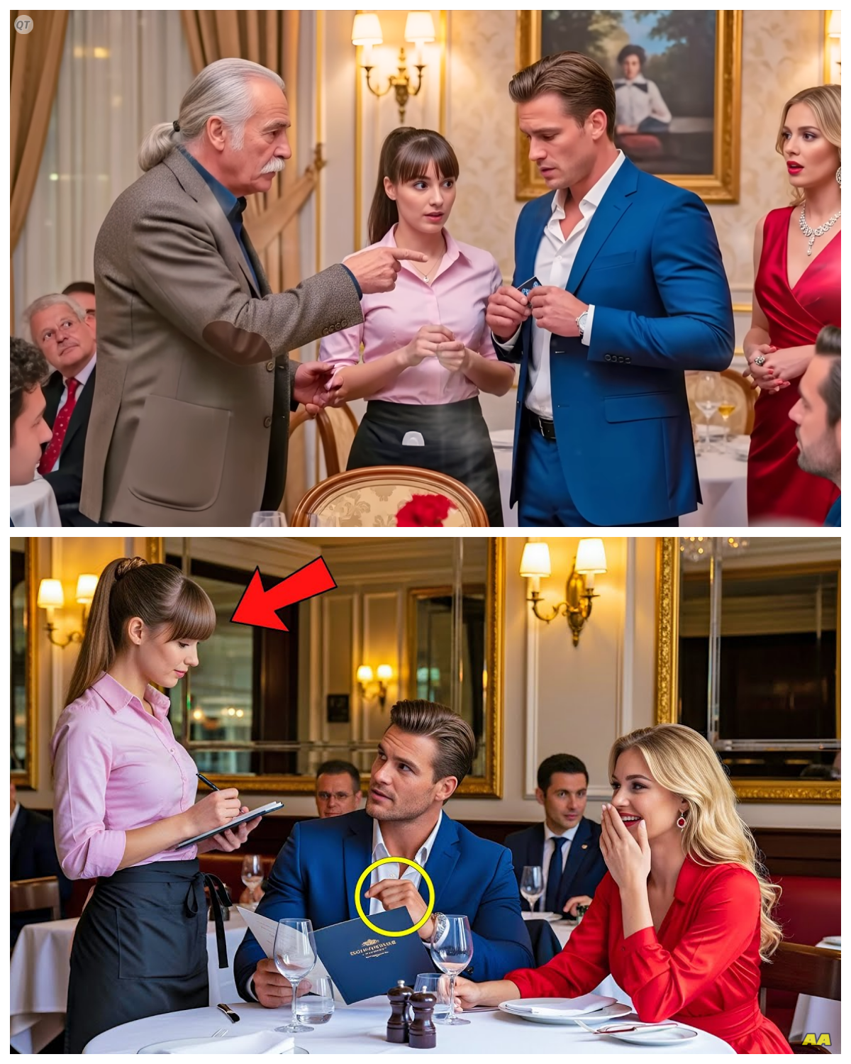 Rich Man Orders in a Foreign Language to Humiliate Her — He Never Expected This Reply  He looked at her name tag, then at her scuffed shoes, and sneered.  To Harrison Sterling, the waitress standing before him wasn’t a person.  She was a prop in his play of wealth and dominance.  He thought that by switching to an obscure, aristocratic dialect of French, he could strip her of her dignity in front of his date.  He thought he was the smartest person in the room.  He was wrong.  He didn’t know that the woman holding his menu wasn’t just a waitress, and the few words she was about to speak would not only silence the table, but dismantle his entire life.  This is the story of how arrogance met its match.  The air inside Lauronie, Manhattan’s most ostentatious French beastro, smelled of truffle oil, expensive perfume, and old money.  For Sarah Bennett, however, it mostly smelled of exhaustion.  Sarah adjusted the waistband of her black slacks, which were a size too big and held up by a safety pin hidden beneath her crisp white apron.  It was 8:15 p.m.on a Friday.  The dinner rush was hitting its peak.  A cacophony of clinking crystal and the low, dull roar of conversations that cost more per minute than Sarah made in a week.  Table 4 needs water.  Table 7 wants to send the seabass back because it looks sad.  Move, Bennett.  Move.  The hiss came from Charles Henderson, the floor manager.  Henderson was a man who believed that sweating was a sign of incompetence………….. Full in the comment 👇