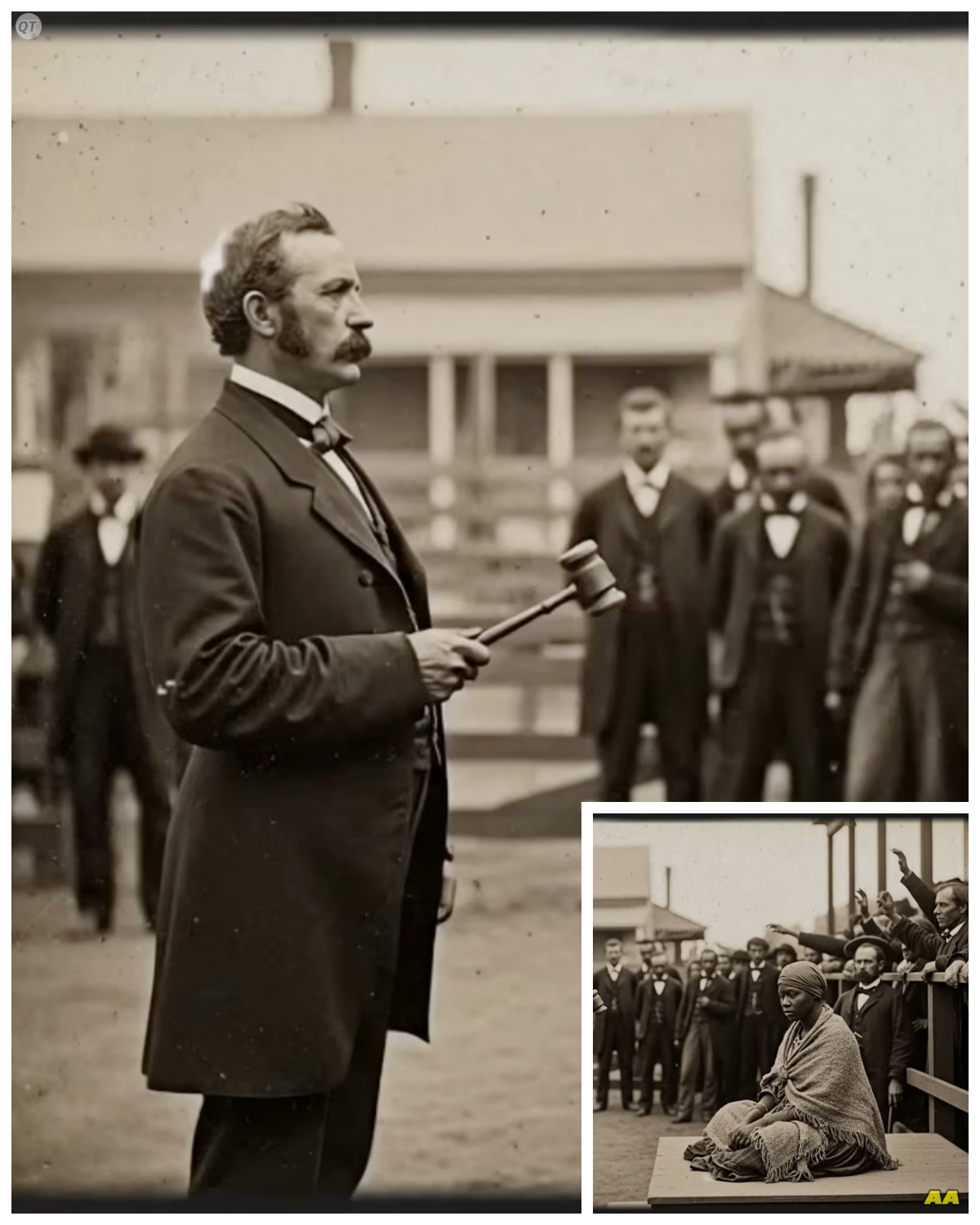 The Plantation Owner Bought the Last Female Slave at Auction… But Her Past Wasn’t What He Expected  No one was ever supposed to know this.  The story was buried not in a book, not in a forgotten grave, but in the silence between heartbeats, in the fear of men who saw God and wished they hadn’t.  It was hidden for over 200 years.  A secret carried in blood and soil.  Until now.  On August 17th, 1859, the Savannah auction house on Brotton Street became something other than a marketplace.  It became a temple, a place of judgment.  The air, usually thick with the metallic tang of fear and sweat, was different that day.  It was still heavy, as if waiting for a verdict.  When lot number 43 was brought to the block, a hush fell over the room so profound you could hear the dust moat settling in the afternoon light.  27 of the wealthiest men in Georgia were there, paddles ready, fortunes built on the backs of others.  But as the woman in chains ascended the platform, something ancient and cold coiled through the room.  One by one, hands fell, eyes dropped.  What power could make masters look away? What secret did they all share? A truth so terrifying it was only ever whispered.  A newly wealthy planter from Charleston, Thomas Cornelius Pewitt, felt the silence, but didn’t understand its language.  He saw a bargain, a piece of property…………..