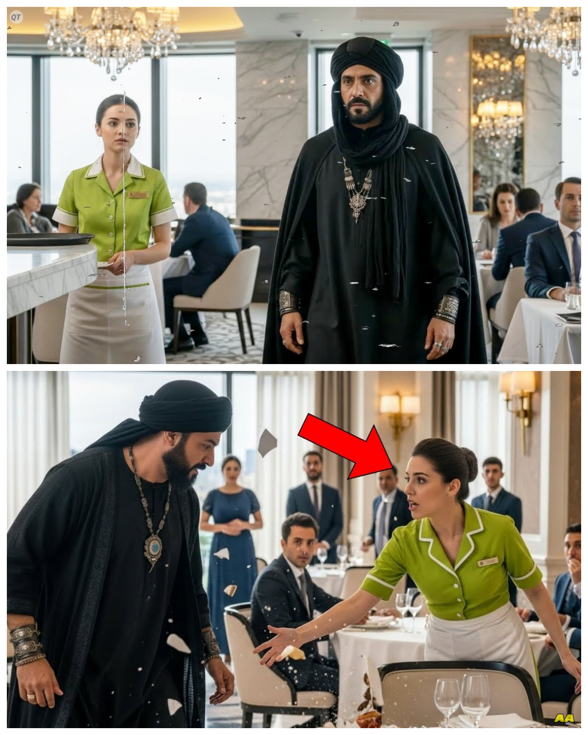 Furious Arab Billionaire Was Leaving — Until the Waitress Shocked Him by Speaking Arabic  He was the wealthiest man in the room, but the staff treated him like dirt.  When billionaire Amir Alfed walked into New York’s most exclusive restaurant, the manager saw only a foreigner to be mocked and dismissed.  The insults were flying.  The tension was breaking point, and security was seconds away from throwing him out.  But then the invisible girl in the corner, the broke waitress everyone ignored did something that froze the entire room.  She opened her mouth and what came out didn’t just save the night.  It destroyed the manager’s career and revealed a secret that would change everything.  You think you know where this story is going? Trust me, you have no idea.  This is the story of how one sentence in Arabic cost a man his empire.  The rain in Manhattan didn’t wash things clean.  It just made the grime slicker.  Inside the obsidian room, however, the weather was irrelevant.  Located on the 55th floor of a skyscraper overlooking Central Park, the restaurant was a fortress of gold leaf velvet and pretention.  Here the air smelled of truffle oil and old money.  Cassidy adjusted her apron, wincing as the stiff fabric dug into her waist.  Her feet throbbed in the cheap black flats she’d bought at a discount store 3 months ago.  She checked her reflection in the polished brass of the espresso machine.  Dark circles under her eyes, messy brown hair tied back in a severe bun…………. Full in the comment 👇