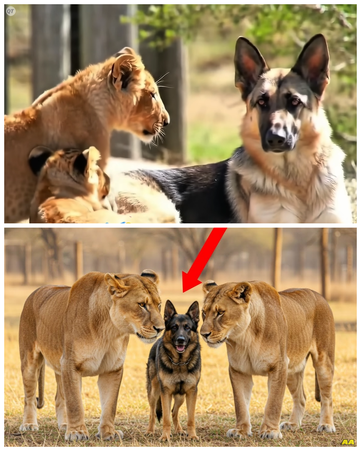 German Shepherd Who Raised Two Lions—Their Reunion Will Break You The lion cubs ran toward her, massive, muscular, and wild. But what they did next left every soul at the reserve in absolute shock. They didn’t growl. They didn’t pounce. Instead, they curled up beside the German shepherd who had once nursed them with her own milk and started to purr. It all began with the mother’s rejection. Serona, a lioness rescued from the brink of death in the wild, gave birth to two delicate cubs, but she refused to feed them. She turned her back and walked away. The staff at the White Lion Reserve were devastated. They knew the clock was ticking. That’s when a desperate call went out for a nursing dog. And just a few hours later, a family from a nearby town arrived with Sandra, an 8-year-old German Shepherd. She’d recently given birth to a single pup and she still had milk to give. This story touched millions of hearts. If it touched yours, let us know with a like, comment yes and subscribe or follow for more amazing stories like this. Back to the story. But Sandra wasn’t just any dog…………