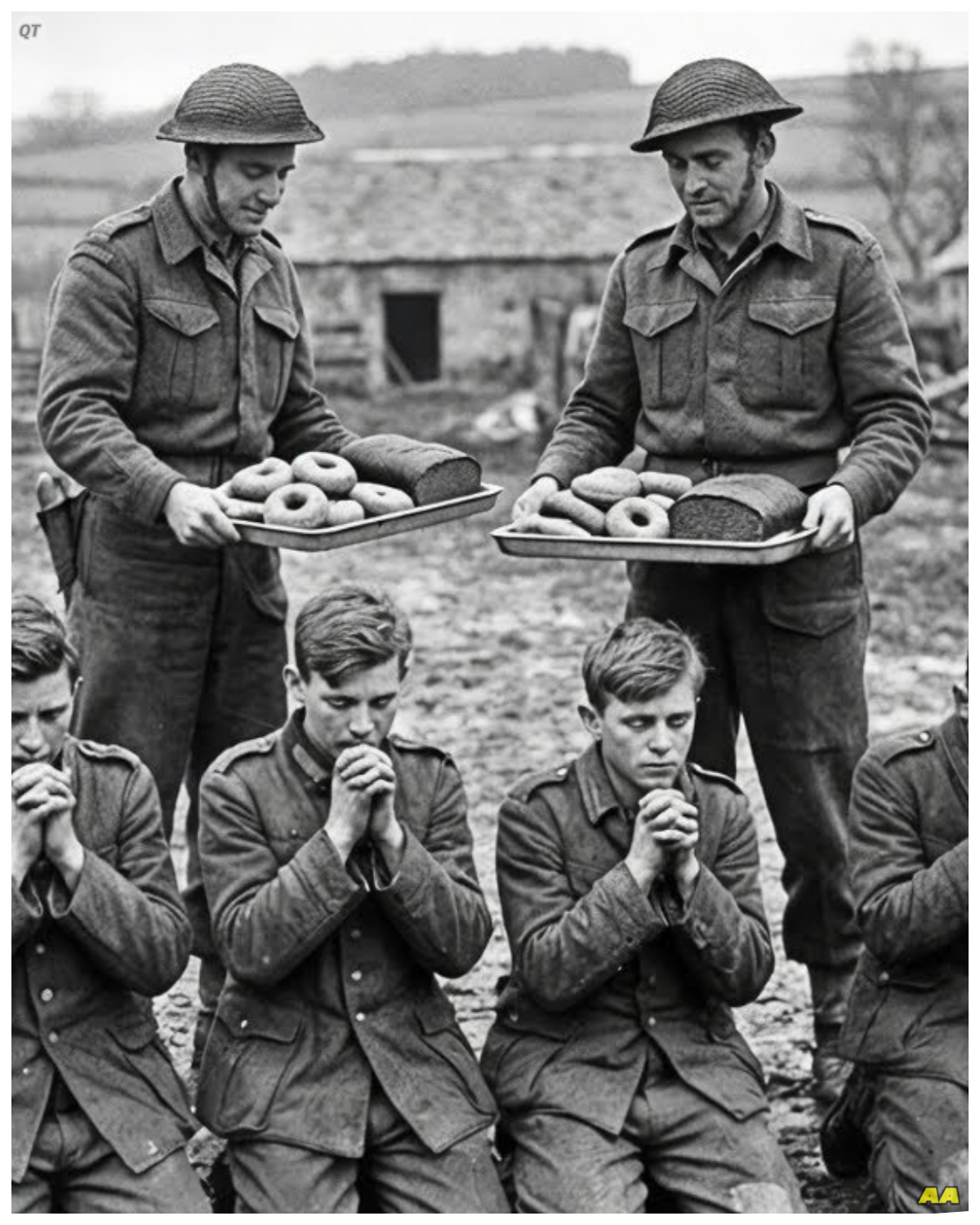 German Child Soldiers Braced for Execution — Canadian Soldiers Brought Them Donuts Instead  April 1945, Freoy, Germany.  Three boys sat against a cold barn wall with their hands tied behind their backs.  Their German uniforms were too big.  The sleeves hung past their wrists.  The helmets kept sliding down over their eyes.  The youngest boy looked about 14 years old, maybe younger.  He stared at the dirt between his boots and tried not to cry.  The boy in the middle was 15.  He kept his eyes closed and moved his lips without making any sound.  He was praying.  The oldest was 16.  He sat very straight and tried to look brave, but his hand shook.  They had been told they would die at sunrise.  Execution.  That was the word the Canadian soldiers used.  The boys knew what it meant.  They had seen executions before.  The SS did them in the town square back home when someone refused to fight or tried to run away.  Now it was their turn……….. Full in the comment 👇
