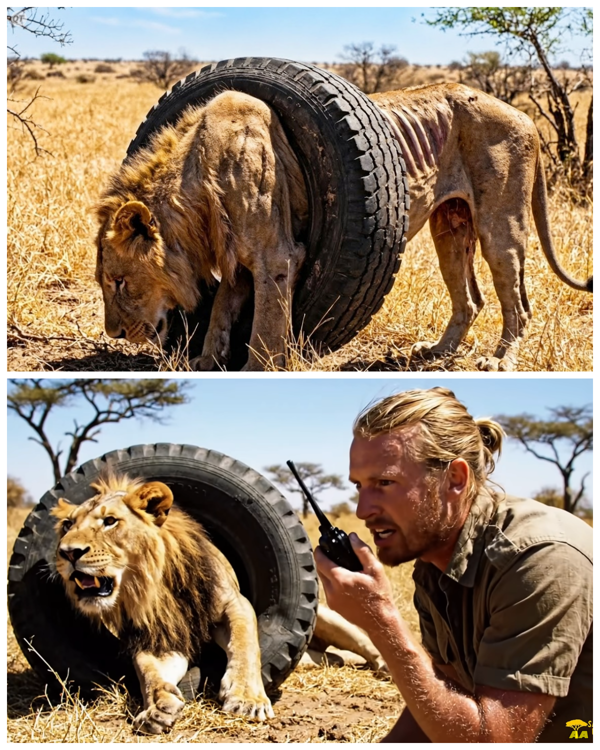 A Man Discovers a Lion Dying for 2 Years Trapped in a Tire. Then Their Incredible Story Begins!  Mark, 35 years old.  As a wildlife photographer specializing in the African wilderness, he had spent 15 years capturing everything the savannah had to offer.  Lion hunts, elephant marches, cheetah sprints in this harsh land where life and death intersect.  There was almost nothing he hadn’t witnessed.  But today was different.  Under the scorching midday sun, Mark was sipping water in the shade of an acacia tree, scouting his next shooting location.  But then, about 200 meters away, something moving in the bushes caught his eye.  The moment he instinctively raised his telephoto lens and zoomed in, Mark’s hands froze.  On the screen was a young male lion.  Nothing but skin and bones staggering forward.  And around its torso was a black tire wedged tight.  In 15 years of experience, it was an unbelievable sight he had never seen before.  The lion took a few steps, then stopped, swaying as if about to collapse.  It gasped for breath.  After a moment, it struggled to move forward again.  It looked like a living corpse, squeezing out its last bit of strength to move.  Mark approached cautiously……. Full in the comment 👇