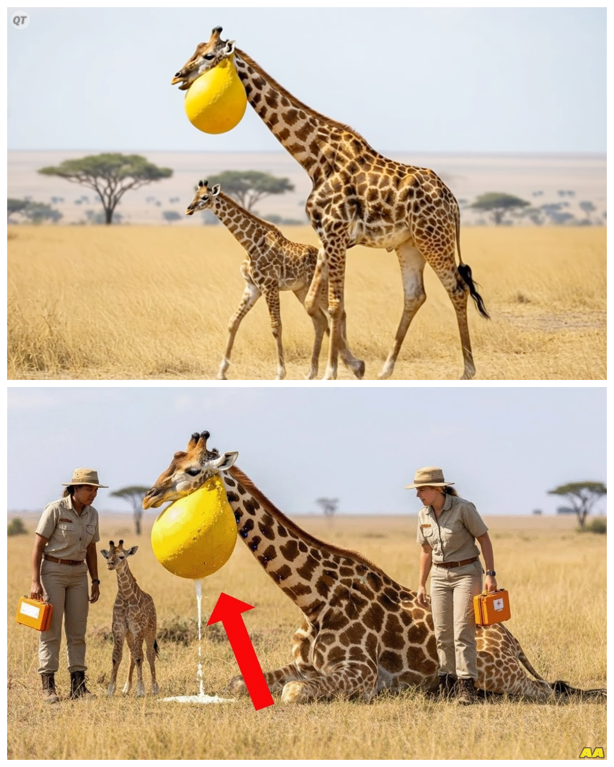 Giraffe Calf Searched for Help for 4 Hours to Save Its Mom – What Rescuers Did Next Shocked Everyone  A tiny baby giraffe wandered across the savanna for 4 long hours, desperately searching for anyone who could save its severely injured mother 🦒💔. Exhausted, frightened, and completely alone — the brave little one kept moving forward, driven by love and hope.  When rescuers finally noticed the trembling baby giraffe begging for help, they immediately followed it. What happened next turned into an unbelievable and heart-melting rescue story that touched everyone who witnessed it.  The rescue team did everything they could to save the mother giraffe, comfort her terrified calf, and give both of them a second chance at life 🌿💚. Full in the comment 👇