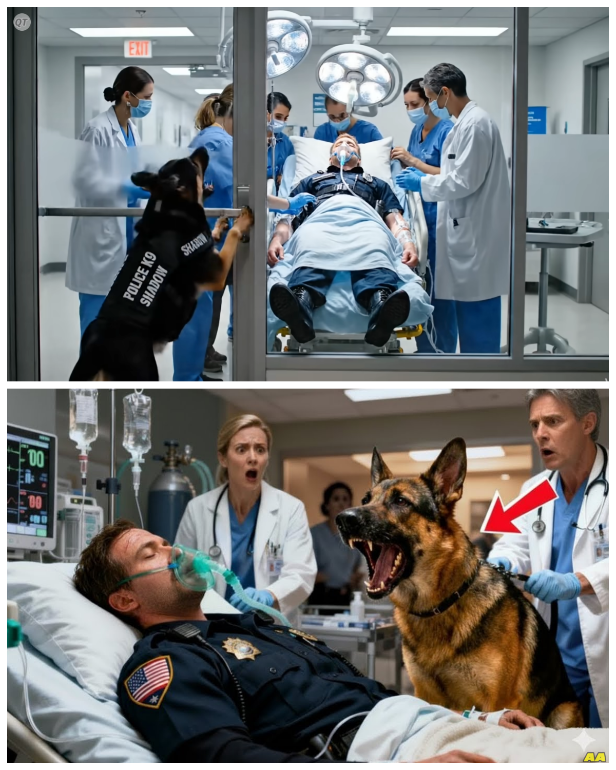 Officer Was About to Die, 15 Doctors Gave Up – Until His Dog Found What They Missed  The monitors were flatlining.  Officer Ryan Carter’s pulse was gone.  His breathing had stopped.  Doctors rushed around the ER table shouting numbers, swapping syringes, but deep down they all knew they had lost him.  Time of death, 6:42 p.m.  The head doctor whispered, pulling the white sheet halfway over Ryan’s chest.  Outside the emergency room window, a German Shepherd began barking violently, his paws scratching the glass, his body trembling as if he knew what was happening inside.  That dog’s name was Shadow.  And he wasn’t just Ryan’s canine partner, he was his other half.  Before we begin, don’t forget to hit like, repost, or share, and subscribe.  And I’m really curious, where are you watching from? Drop your country in the comments.  I love seeing how far our stories travel.  Back to the story.  Minutes earlier, Ryan had collapsed without warning in his own living room.  No gunshot, no wound, no visible injury, just sudden pain, gasping, and blackout.  By the time paramedics arrived, his heartbeat was faint.  They did everything.  The best trauma team, 20 specialists, hours of tests, and still no one could figure out why his body was shutting down.  But Shadow refused to leave………… Full in the comment 👇
