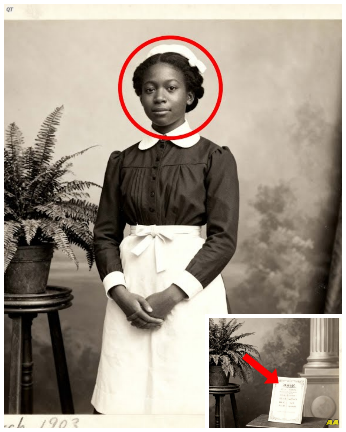This 1903 Portrait of a Waitress Looks Polite Until You Notice the Menu Code  This 1903 portrait of a waitress looks polite until you notice the menu code.  It seemed like a straightforward studio portrait.  At first, a young black woman in a crisp white apron.  Her posture careful, her expression composed, the kind of image that ends up in local history books captioned, “Service industry workers, turn of the century.  ” But one detail in the lower left corner of the frame would not let the investigator go.  And once she understood what she was seeing, a photograph that had been displayed for decades as a charming piece of Americana revealed itself as something else entirely.  A survival manual, a warning system, and evidence of a hidden network that helped black workers navigate a world designed to trap them.  Karen Blackwell had been the assistant curator of photography at a small regional history museum in Savannah, Georgia for 11 years.  The museum occupied a former cotton merchants’s house on a quiet square, the kind of building that had been renovated twice and still creaked when it rained.  Karen’s specialty was vernacular photography of the deep south between reconstruction and the First World War.  She had handled thousands of images in her career, portraits of families posed stiffly in their Sunday clothes, street scenes where black laborers were captured midstride, their faces blurred because the photographer had not bothered to ask them to hold still.  cabinet cards of white children with their black mammies, the enslaved or formerly enslaved women positioned slightly behind, their expressions unreadable.  She knew the visual grammar of this era intimately…………..