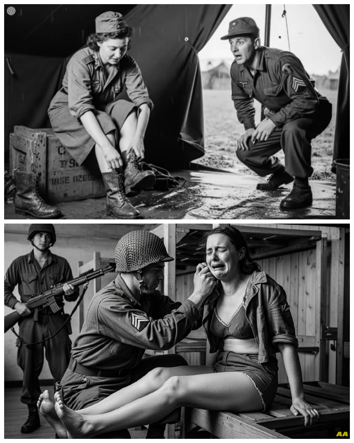 Show Us Your Feet – The Unexpected Demand That Left German Women POWs Perplexed  In the dimly lit barracks of a German POW camp, a sense of unease hung in the air, thick and suffocating.  Women, once vibrant and full of life, now wore expressions of confusion and fear.  Among them was Anna, a young woman who had never imagined her life would spiral into such chaos.  The war had stripped her of her identity, reducing her to a mere number in a system designed to dehumanize.  Now, she faced an unexpected demand that left her feeling vulnerable and exposed.  “Show us your feet,” the guard had said, a smirk playing on his lips.  The words echoed in her mind, a bizarre request that seemed to mock her suffering.  What could possibly be the motive behind such a strange demand?  As she stood there, surrounded by her fellow prisoners, Anna felt a wave of anxiety wash over her.  The other women exchanged glances, their eyes reflecting a shared bewilderment.  Some looked away, unwilling to confront the absurdity of the situation, while others leaned in, curiosity piqued despite their fear.  Anna’s heart raced; she felt the weight of their collective gaze upon her.  This moment was not just about her feet, but about dignity, autonomy, and the stripping away of humanity.  The guards thrived on power, relishing in the discomfort they inflicted.  In this tense atmosphere, Anna grappled with her emotions—fear, defiance, and a deep sense of betrayal.  Why had they been reduced to this?  The war had turned their lives upside down, but this felt like a new low, a grotesque spectacle that highlighted their helplessness.  As she contemplated her next move, Anna realized that this was a pivotal moment.  Would she comply, risking her dignity, or would she stand her ground, defying the absurdity of the demand?  The stakes were high; her decision could ripple through the group, influencing the morale of her fellow prisoners.  In that charged silence, Anna’s mind raced through the implications of her choice.  Each option weighed heavily on her conscience, reflecting not only her personal struggle but also the collective plight of women in wartime.  This bizarre request served as a stark reminder of their reality, a world where normalcy had been replaced by surreal demands and constant fear.  As the tension mounted, Anna felt a flicker of resolve ignite within her.  She understood that this moment was about more than just her; it was about reclaiming a sense of agency in an environment designed to strip it away.  The contrast between the guards’ cruel amusement and the women’s silent suffering was palpable.  Anna’s heart ached for her comrades, each of whom bore their own burdens, their own stories of loss and resilience.  In this chaotic landscape, the simple act of showing one’s feet morphed into a profound statement of identity and resistance.  As she prepared to respond, Anna knew that whatever choice she made would resonate far beyond the confines of the barracks.  It would reflect her spirit, her will to survive, and her refusal to be reduced to mere objects of ridicule.  In this moment of uncertainty, one thing became clear: the fight for dignity was as vital as the fight for survival, and Anna was determined to stand tall against the absurdity of it all.  The echoes of her decision would linger long after this moment, shaping not just her fate, but the fate of those around her, leaving an indelible mark on their shared experience of suffering and resilience... Full in the comment 👇