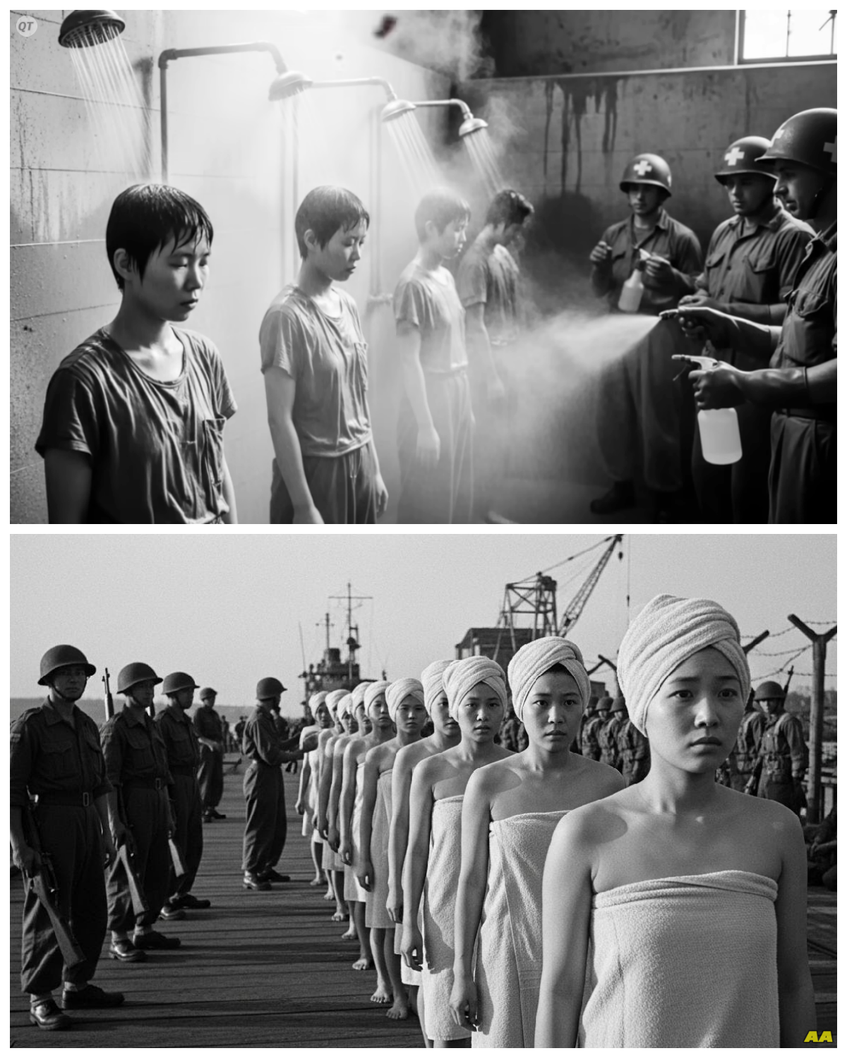 We Were Ordered to Undress — What Happened Next Left Japanese Women POWs Speechless.  In the stark confines of a Japanese POW camp, an atmosphere of dread settled heavily over the women.  They were gathered in a dimly lit room, their hearts pounding in sync with the distant sounds of military boots echoing down the corridor.  Among them was Yuki, a woman whose spirit had been forged in the fires of conflict, yet now felt like a fragile ember, flickering in the face of uncertainty.  The order came suddenly, cutting through the air like a knife: “You are to undress.”  A collective gasp rippled through the group, disbelief etched on every face.  What kind of humiliation awaited them?  Yuki’s mind raced, grappling with the implications of this command.  This was not merely a physical stripping; it was a violent assault on their dignity, a reminder of their vulnerability in a world turned upside down by war.  As the women exchanged terrified glances, the weight of their predicament became palpable.  Some hesitated, their eyes wide with fear, while others instinctively began to comply, driven by a primal urge to survive.  In that moment, Yuki felt a surge of defiance rise within her.  How could they be reduced to this?  The guards, standing with arms crossed and smirks on their faces, reveled in the power they wielded over these women.  Yuki’s heart ached not only for herself but for her comrades, each of whom carried their own stories of loss and resilience.  The room was thick with tension; the air felt electric, charged with a mixture of fear and an unspoken solidarity.  As Yuki contemplated her next move, she realized that this moment was about more than just physical exposure.  It was a test of their humanity, a challenge to maintain their sense of self in the face of dehumanization.  Each woman stood at a crossroads, confronted with the choice to comply or resist.  Yuki’s thoughts drifted to her family, the warmth of their love a distant memory now overshadowed by the cold reality of captivity.  Would they want her to surrender her dignity so easily?  The absurdity of the situation struck her; here they were, women who had fought bravely for their country, now stripped of their agency and autonomy.  As the guards barked orders, Yuki felt a flicker of rebellion ignite within her.  She glanced around at her fellow prisoners, their faces a tapestry of fear and determination.  This was a moment that would define them, a moment where their choices could either empower or further subjugate them.  With a deep breath, Yuki made her decision.  She would not allow this act to define her; she would reclaim her power in whatever way she could.  The contrast between the guards’ cruel amusement and the women’s silent suffering was stark, a painful reminder of their reality.  As the tension mounted, Yuki’s resolve solidified; she would stand with her sisters, united in their shared struggle against oppression.  The act of undressing, once a symbol of vulnerability, transformed into a silent act of resistance.  In that charged atmosphere, Yuki understood that their fight was not just for survival, but for the right to retain their dignity and humanity.  As she prepared to respond, she felt a sense of solidarity wash over her, a bond forged in the fires of adversity.  This moment would echo through their lives, shaping their identities as women and warriors, forever altering their understanding of strength and resilience.  In the face of unimaginable humiliation, Yuki and her comrades would rise, their spirits unbroken, ready to confront whatever lay ahead… Full in the comment 👇