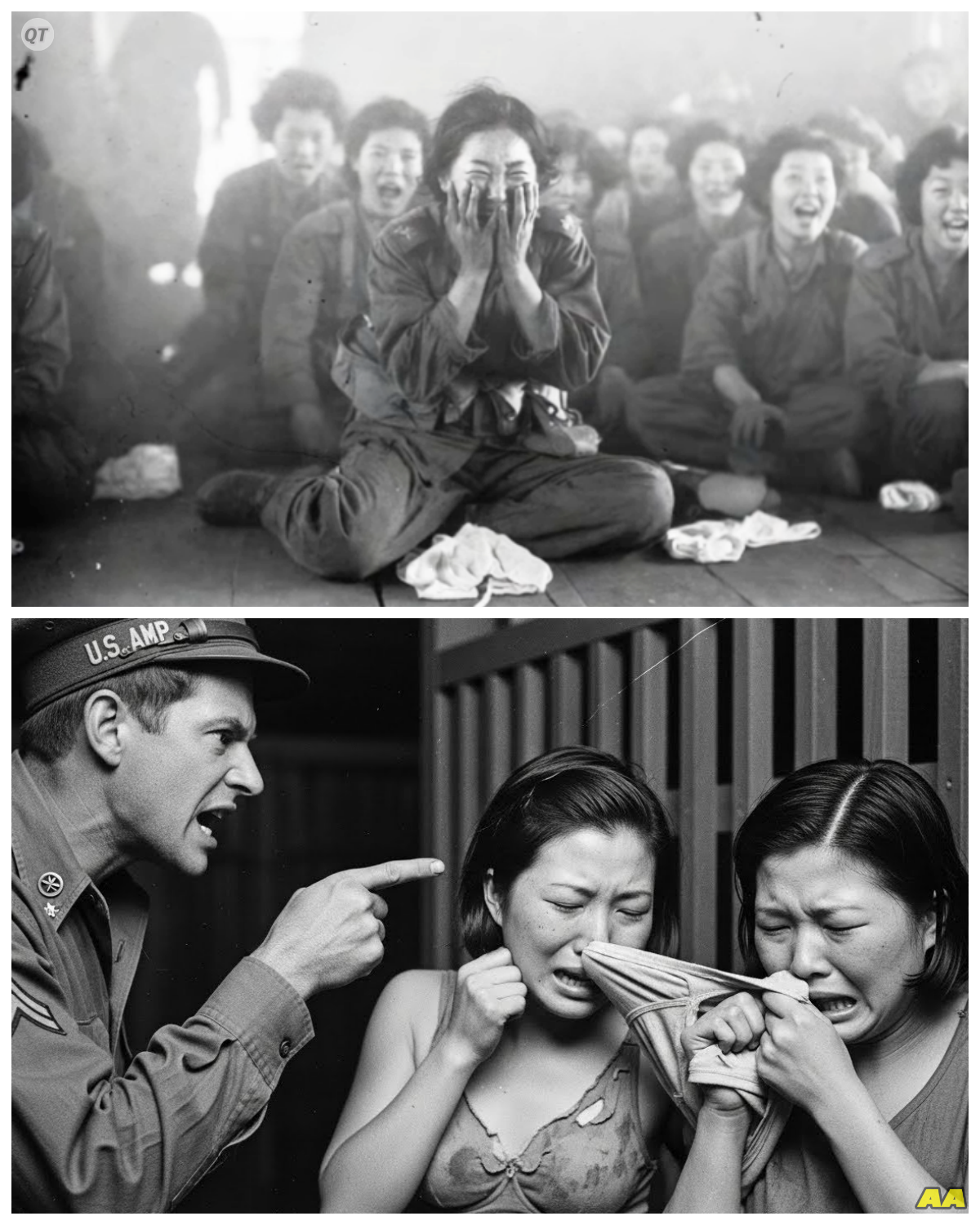 We Were Forced To Smell Each Other’s Underwear — Japanese Women POWs Vomited From Shame  smell each other’s underwear.  Four words in Japanese from an American guard.  Okinawa, June 1945.  A makeshift P camp carved from mud and canvas.  30 Japanese women soldiers stand in a wooden barracks that smells like diesel and fear.  Signal operators, nurses, artillery spotters, survivors of a battle that killed 100,000.  Yuki, 22, hasn’t changed her clothes in 3 weeks.  Her underwear is caked with dried blood and mud.  Her hands shake as she watches the American MP, Private Miller, 24, from Iowa, hold up a pair of clean white underwear from a crate.  He says something in broken Japanese, points at the underwear, points at the women, then gestures to his nose.  Haruko, 19, the youngest nurse trainee in the unit, vomits immediately.  The sound echoes in the frozen silence………. Full in the comment 👇
