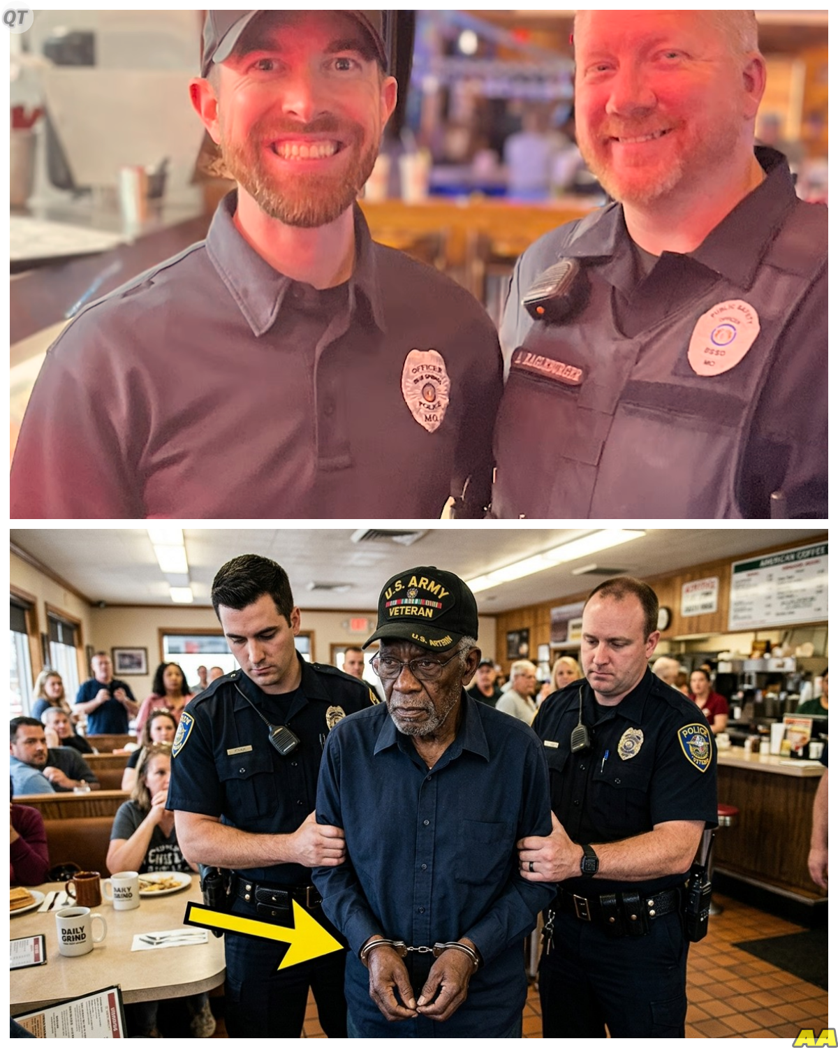 Officers Publicly Humiliate A Black Veteran Inside A Quiet Diner Believing They Were Dealing With Just Another Customer Until Seconds Later Their Eyes Fall On One Item Sitting Plainly On His Table And The Entire Atmosphere Shifts As Realization Hits Hard And Fast Leaving Them Confronted By A Truth They Never Expected To Face -KK At first it was routine loud voices authority on display and no hesitation in their actions but the moment they noticed that single detail everything changed because what they thought they understood about the man in front of them suddenly collapsed into something far more complicated. The full story is in the comments below.