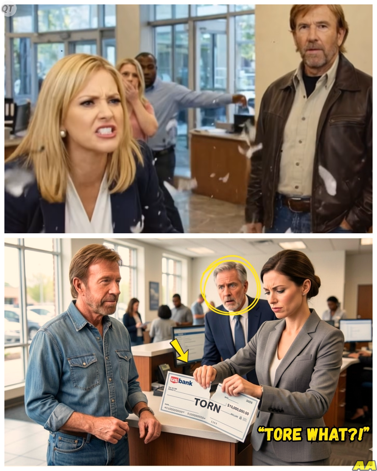 A Bank Manager Confidently Tore Up What She Thought Was A Fake 10 Million Dollar Check Belonging To Chuck Norris Only To Freeze Seconds Later When Her Boss Walked In Addressed Him As Sir And Revealed A Truth So Embarrassing So Costly That The Entire Room Fell Into Silence -KK It started as routine suspicion the kind she handled every day with authority and certainty until the atmosphere shifted and her confidence collapsed in an instant as the man she dismissed stood there watching everything unfold without saying a word. The full story is in the comments below.