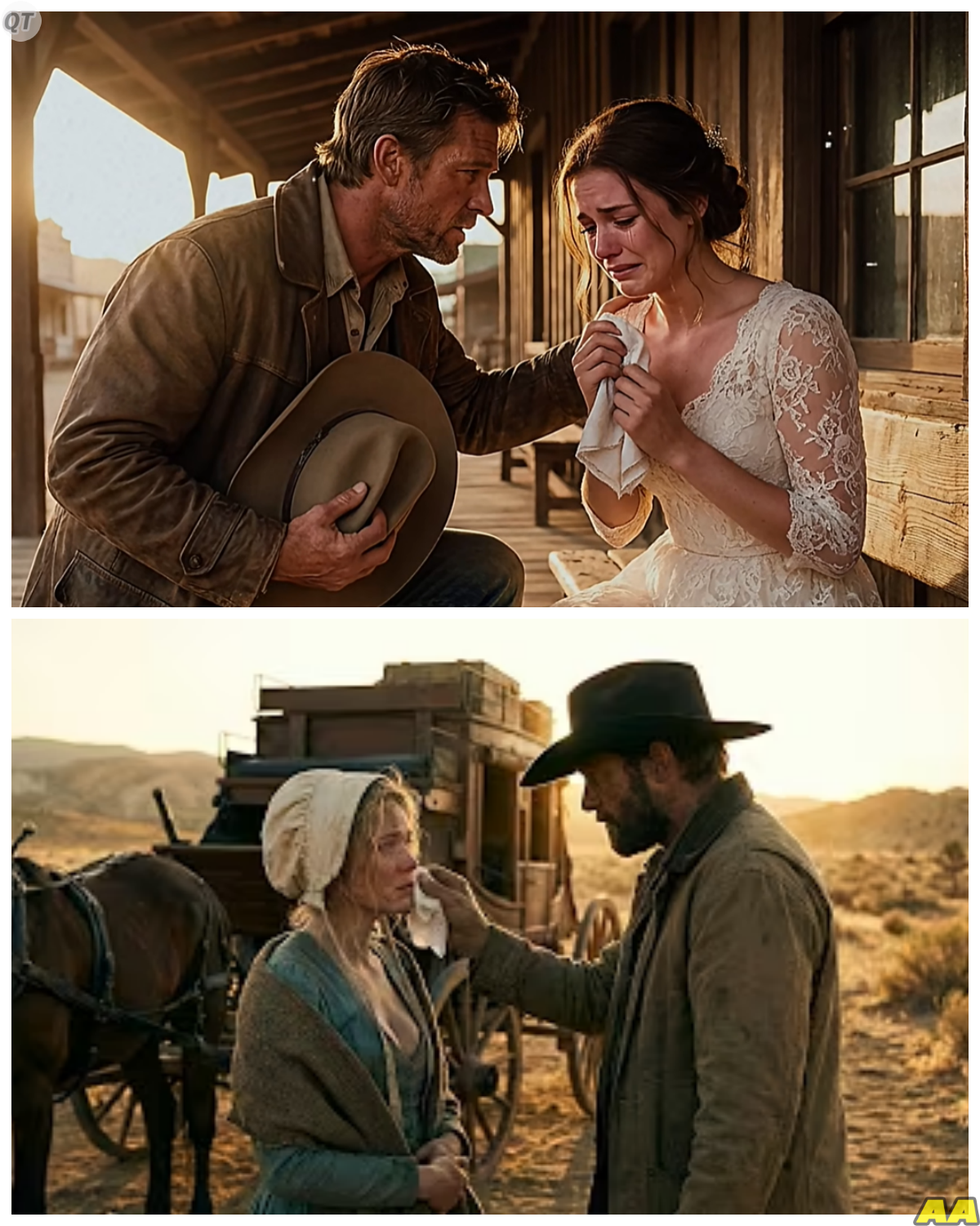 A Mail Order Bride Stepped Off the Wagon in Tears Expecting Another Lie but One Cowboy’s Quiet Words You Don’t Have To Pretend Shattered Her Carefully Built Mask and Unleashed a Truth So Raw It Changed Both Their Lives Forever -KK Everyone assumed she was just another fragile bride playing her part but the moment he looked at her and spoke those unexpected words something inside her broke wide open because for the first time someone saw through the act and what followed was not weakness it was the beginning of a story neither of them could control. The full story is in the comments below.